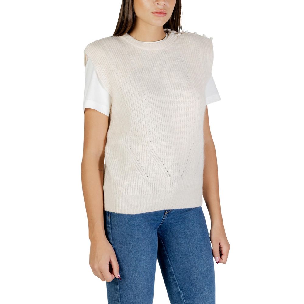 Cream Polyester Sleeveles Sweater - ventzia