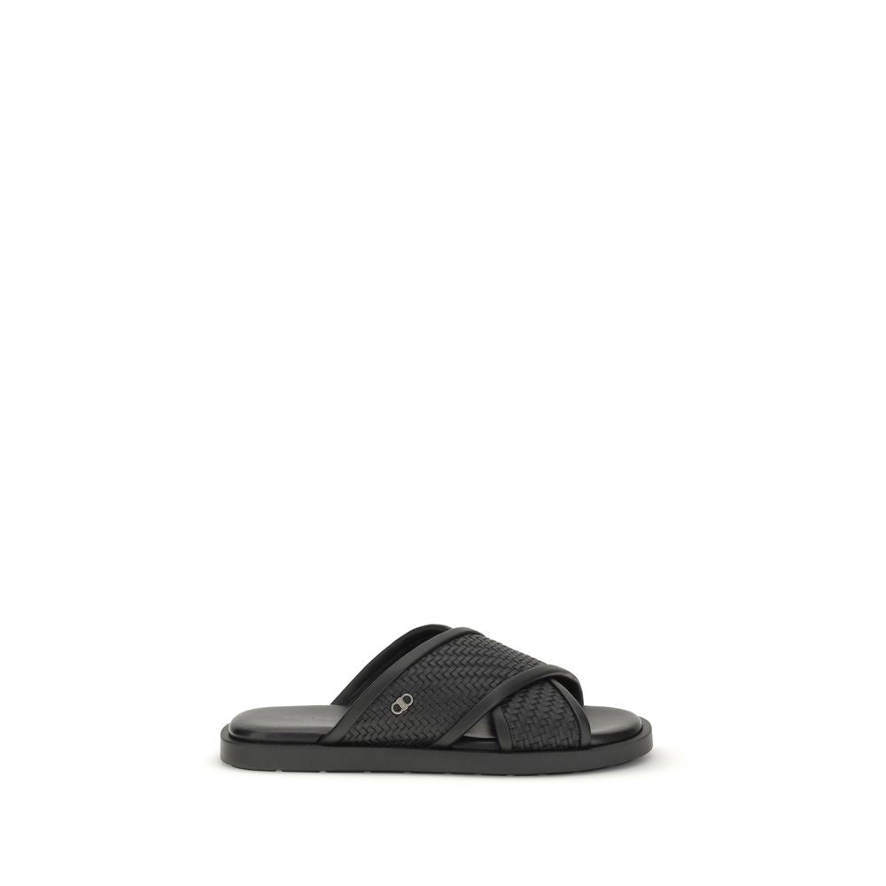 Black Calf Leather Bos Taurus Flat Sandals - ventzia