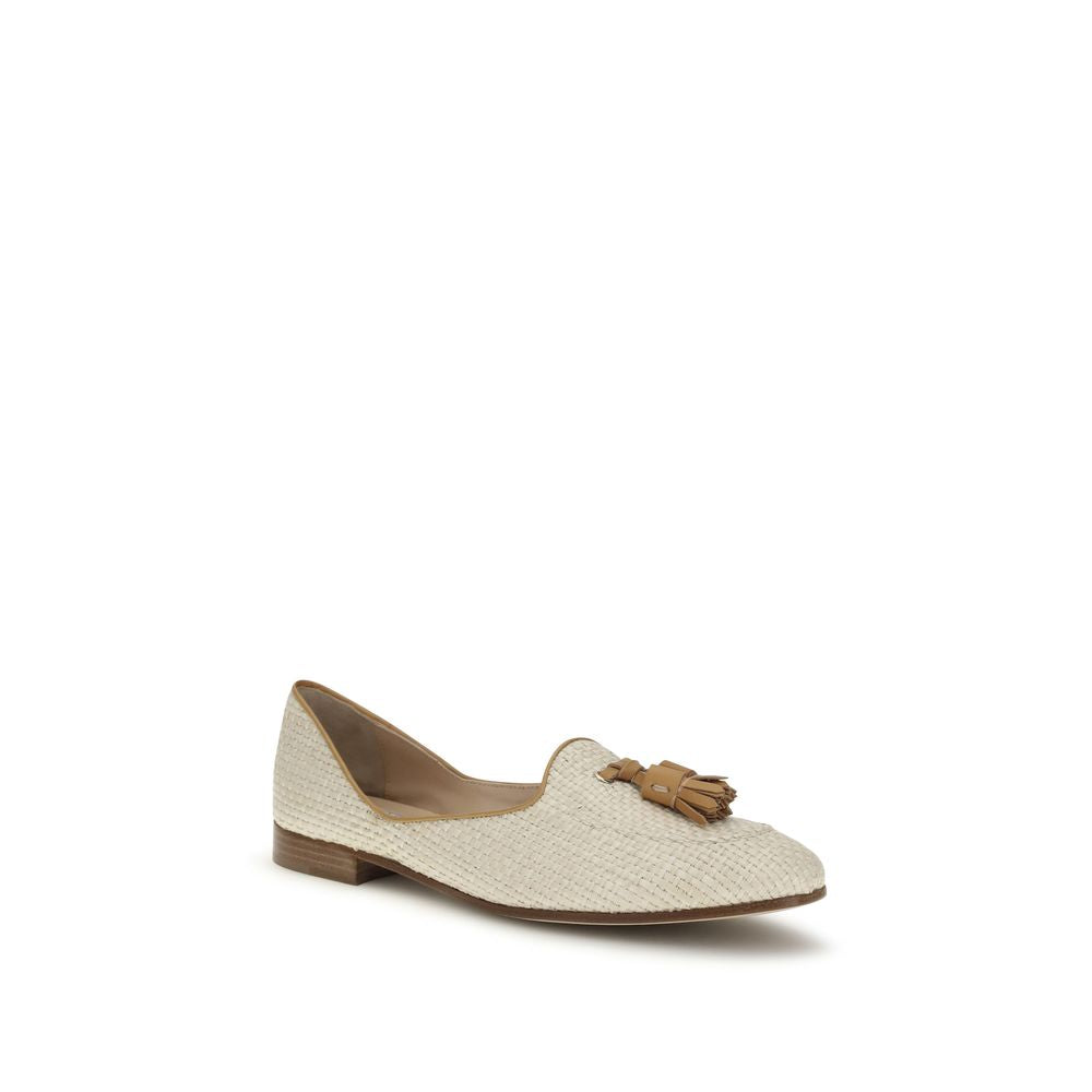 Beige Raffia Slip-On Loafers - ventzia