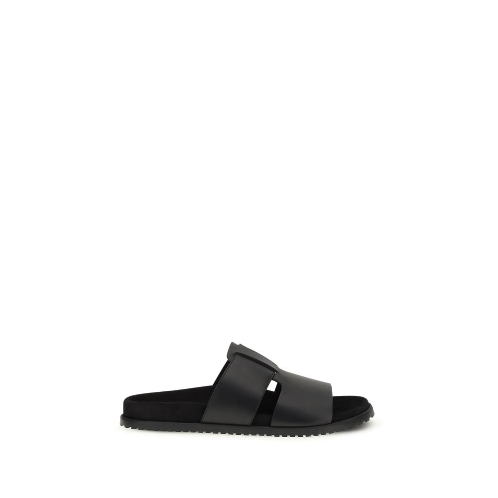 Black Calf Leather Bos Taurus Flat Sandals - ventzia