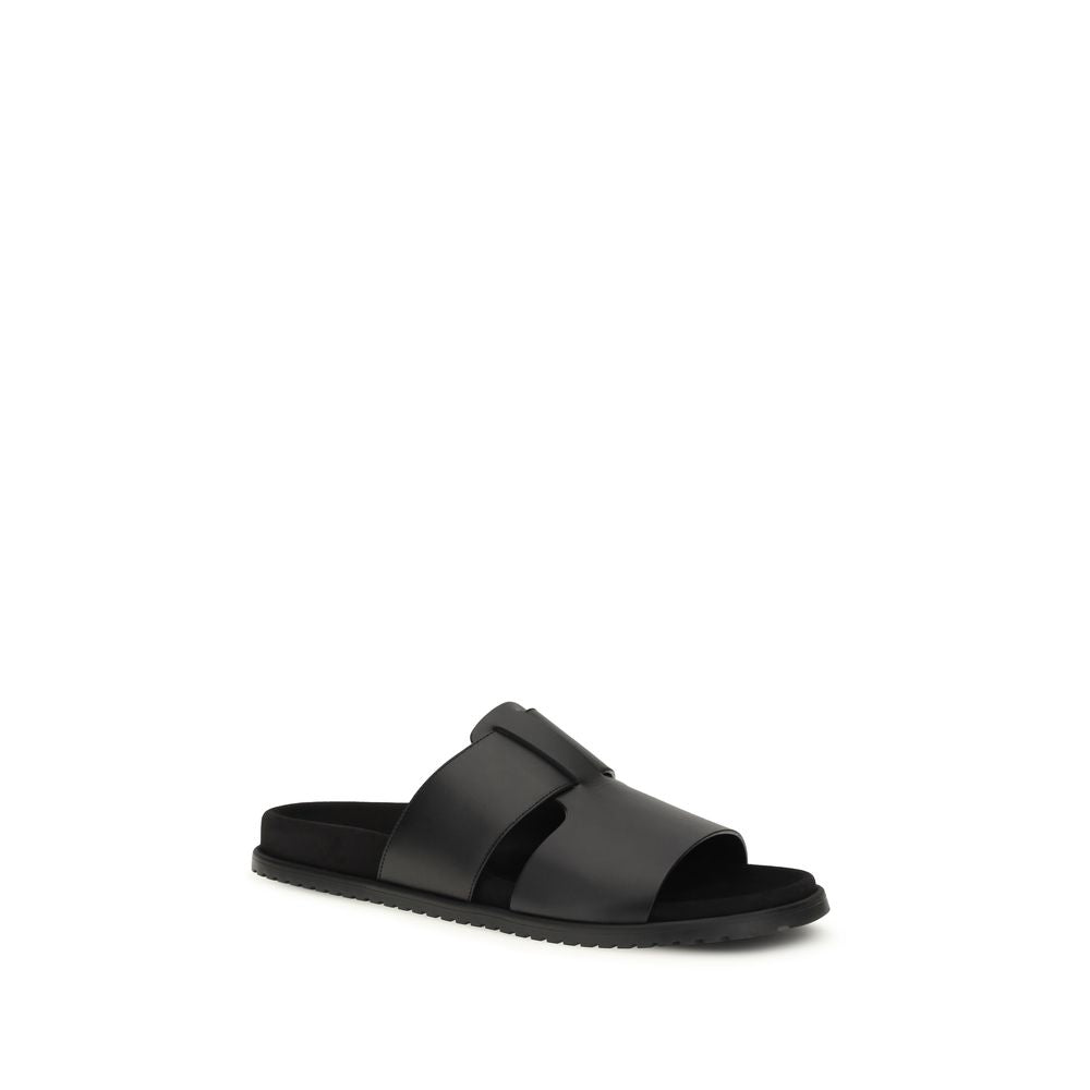 Black Calf Leather Bos Taurus Flat Sandals - ventzia