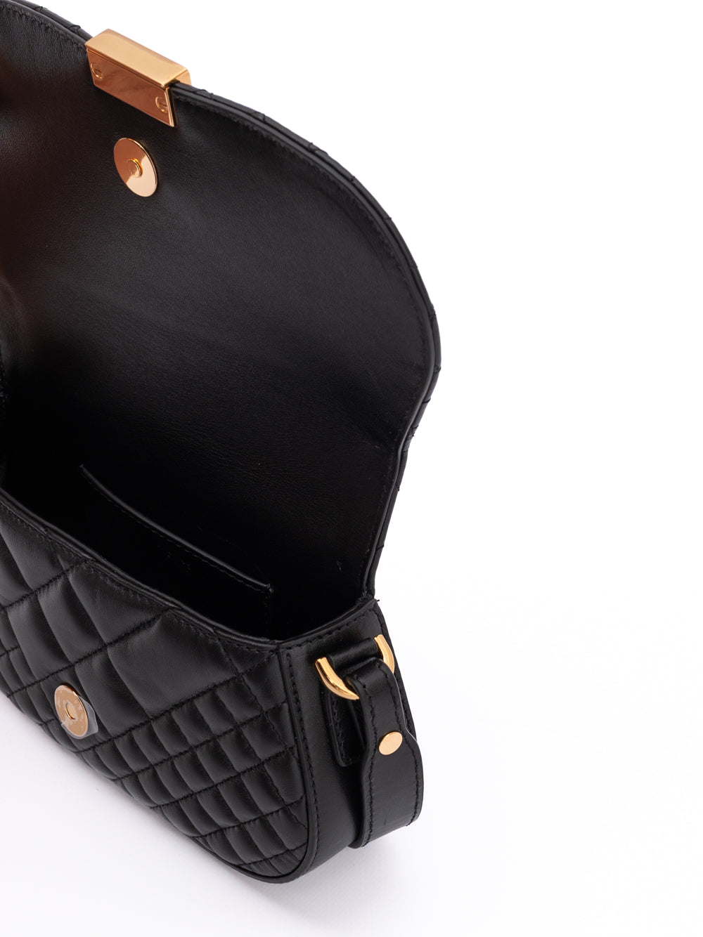 Black Leather Quilted Shoulder Strap Bag - ventzia
