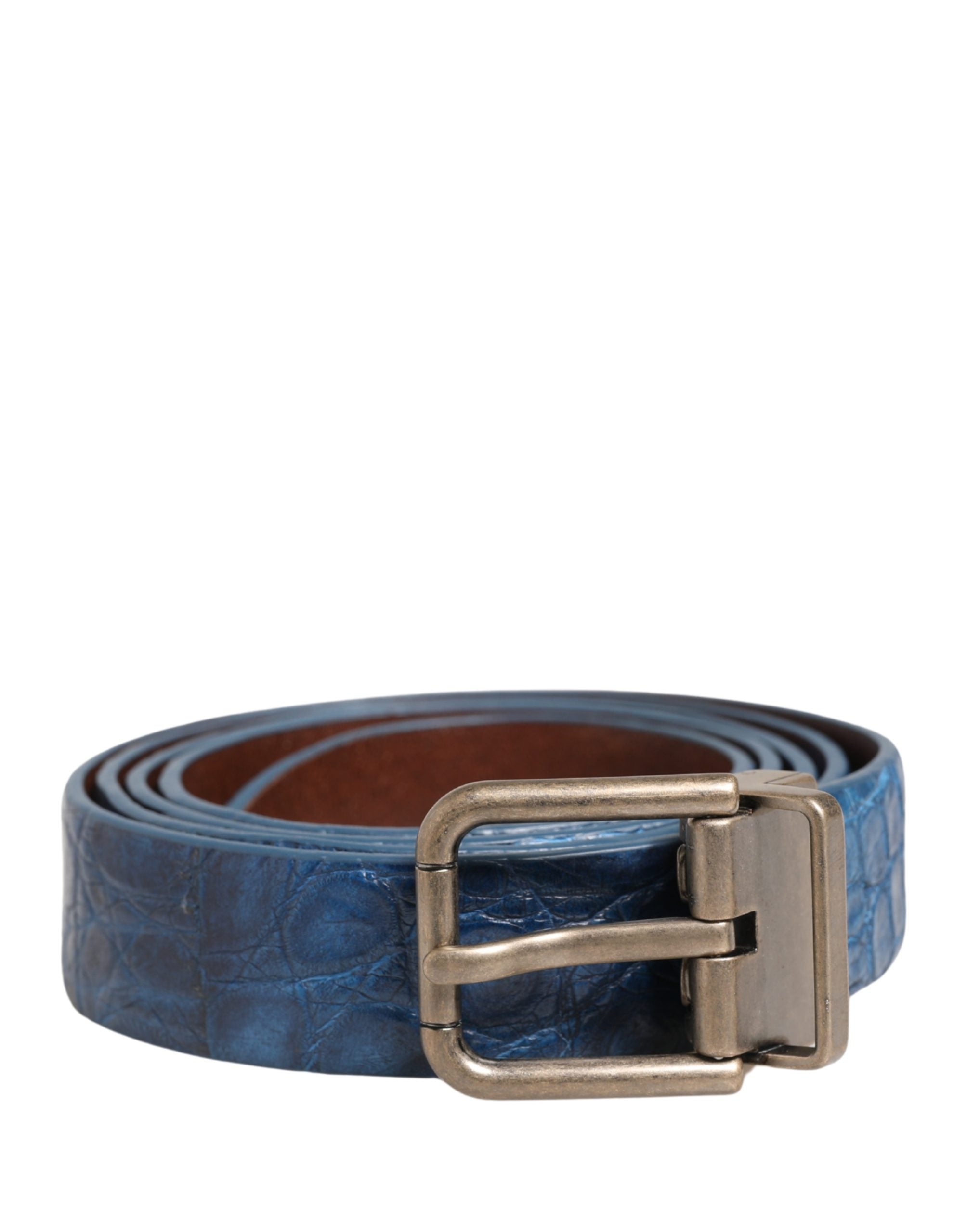 Navy Blue Leather Gold Tone Metal Buckle Belt - ventzia