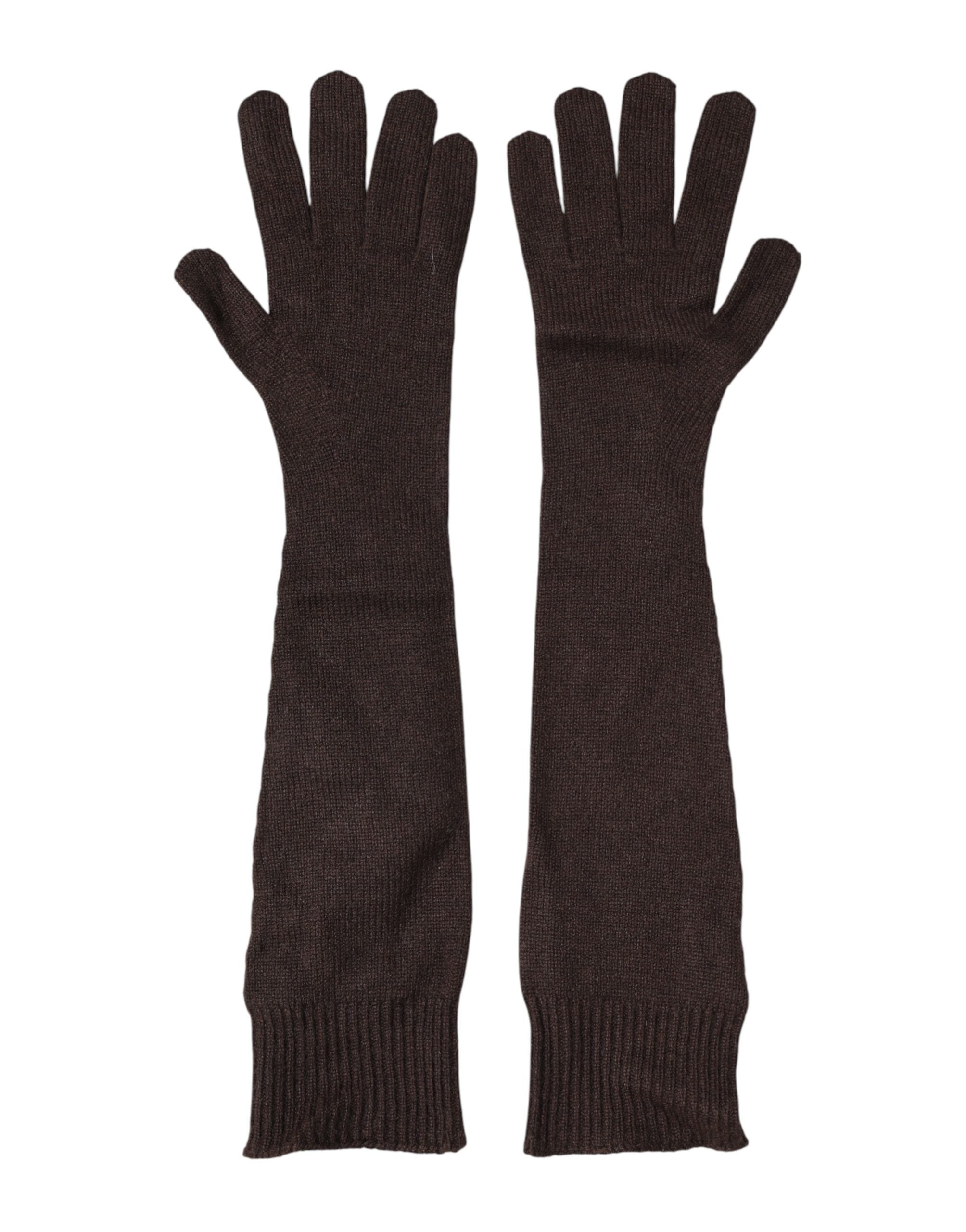 Brown Cashmere Knitted Elbow Length Mitten Gloves - ventzia