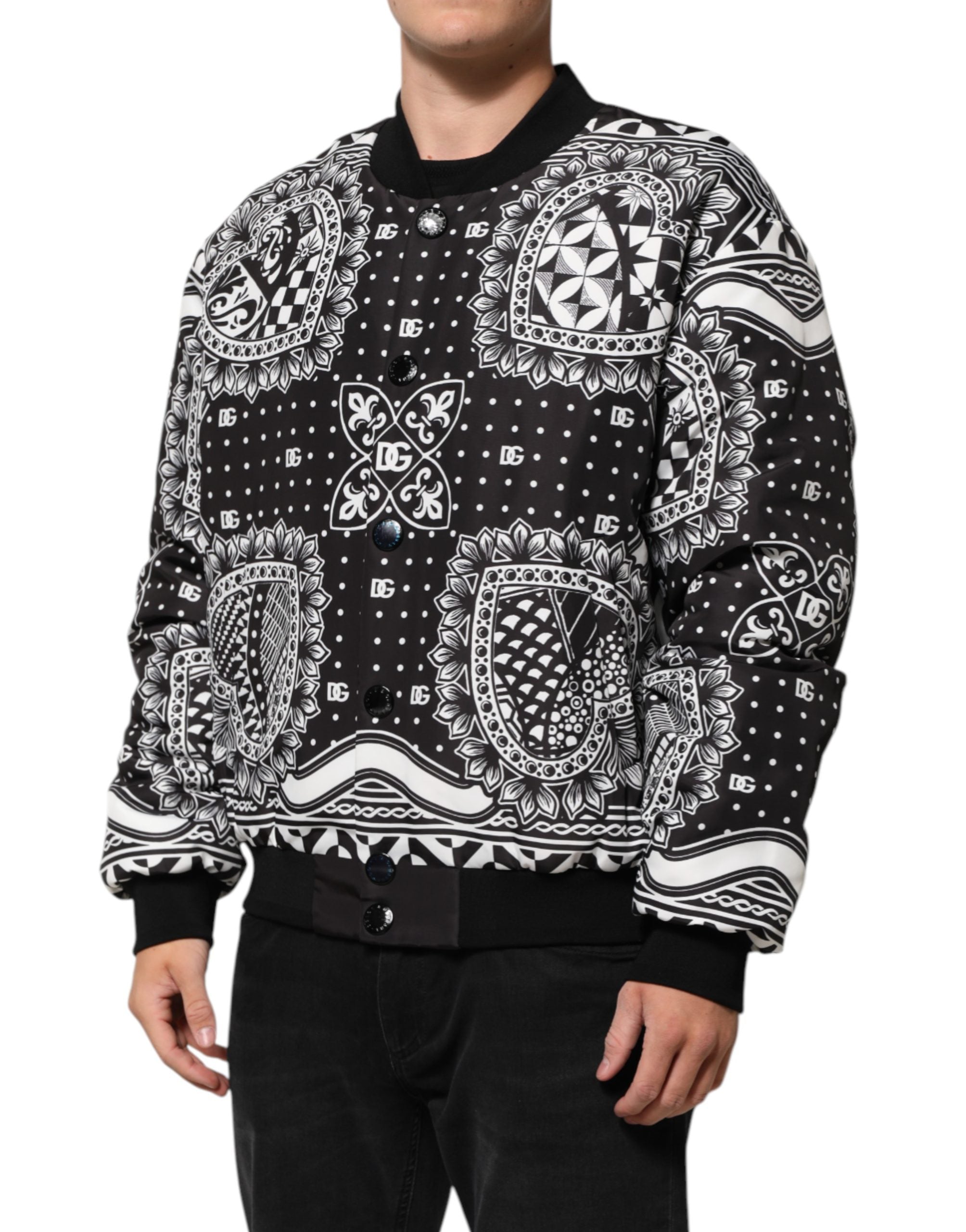 Black White BandanaPrint Men Bomber Jacket - ventzia