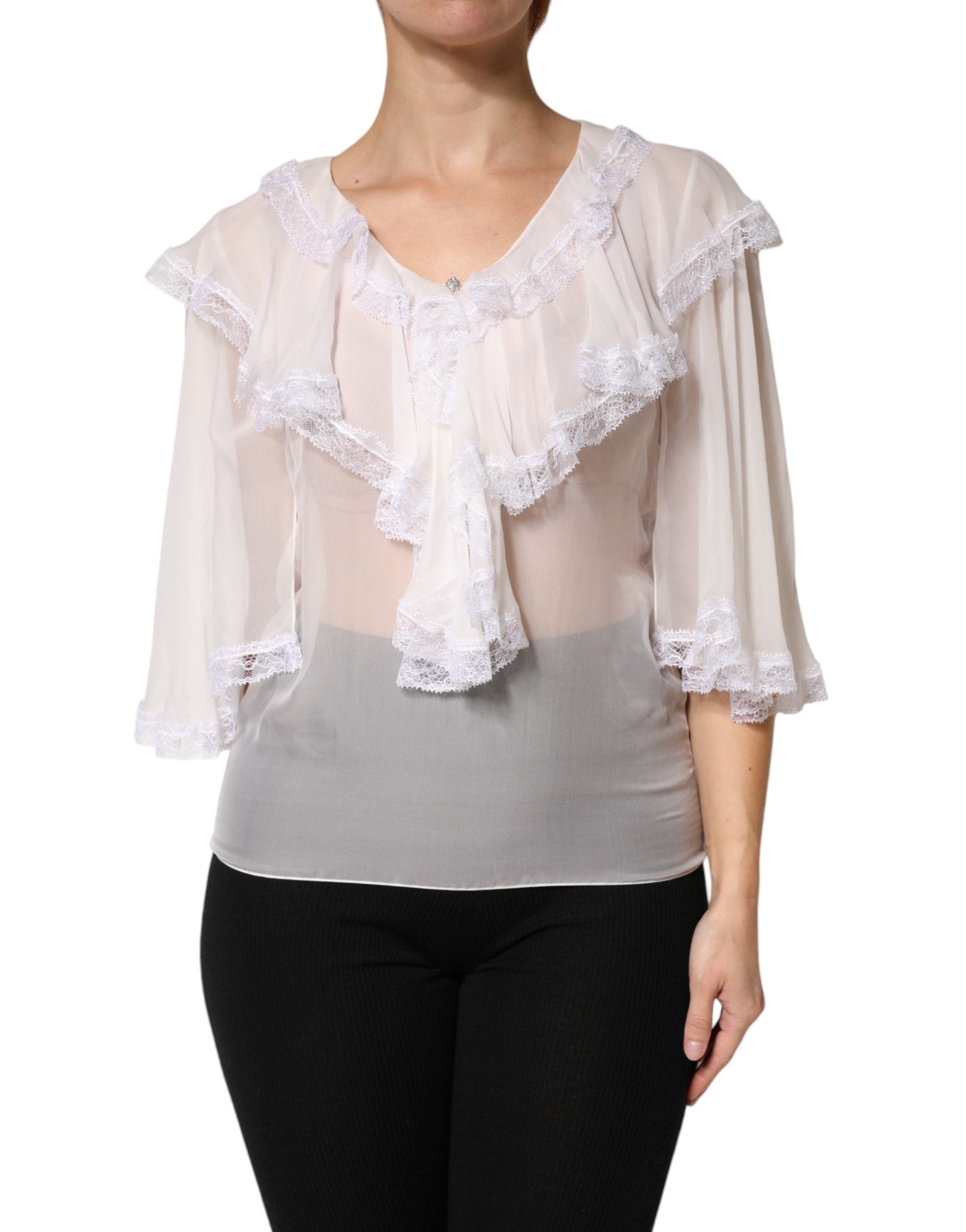 White LongSleeve Lace Trim Ruffled Blouse Top - ventzia