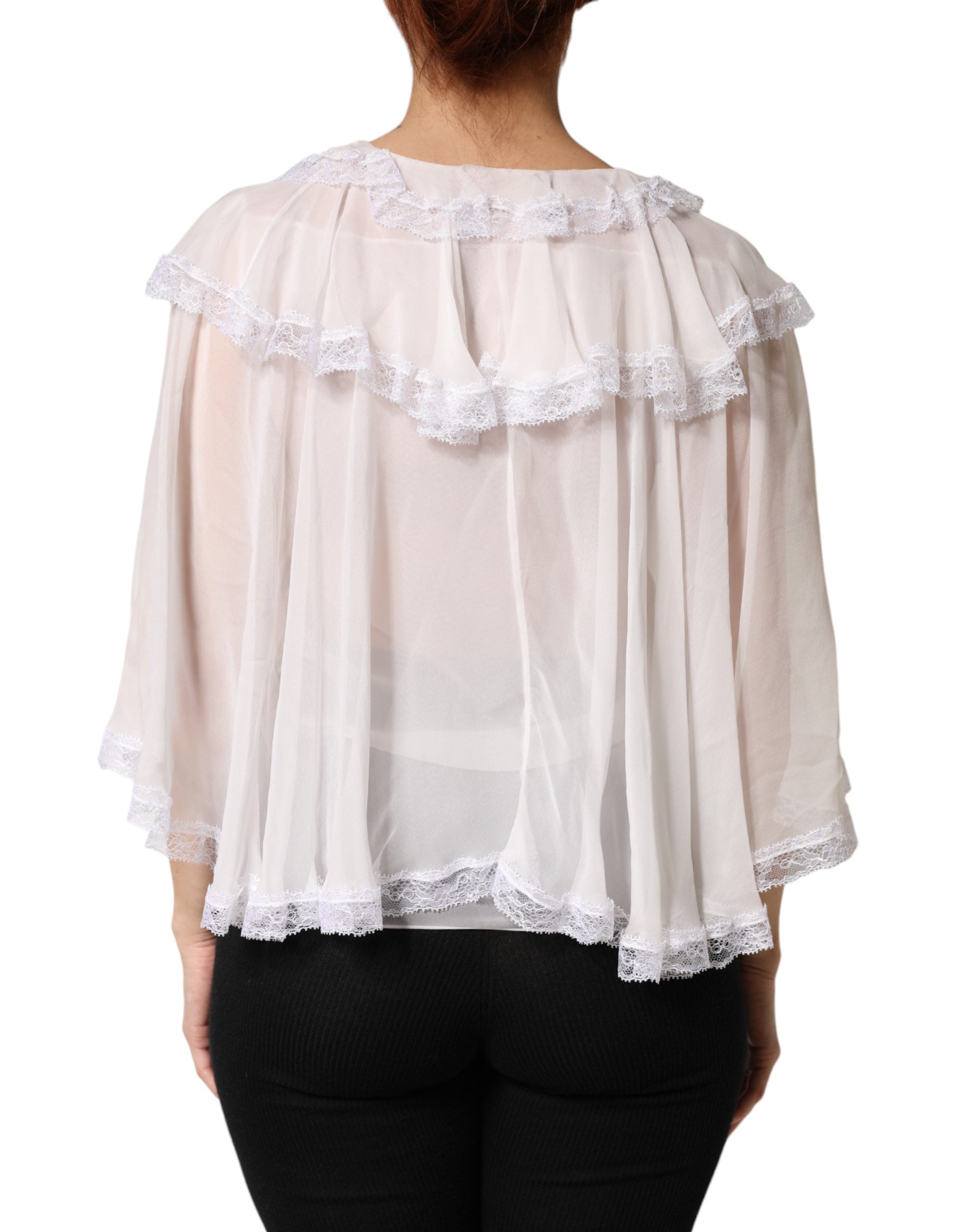 White LongSleeve Lace Trim Ruffled Blouse Top - ventzia