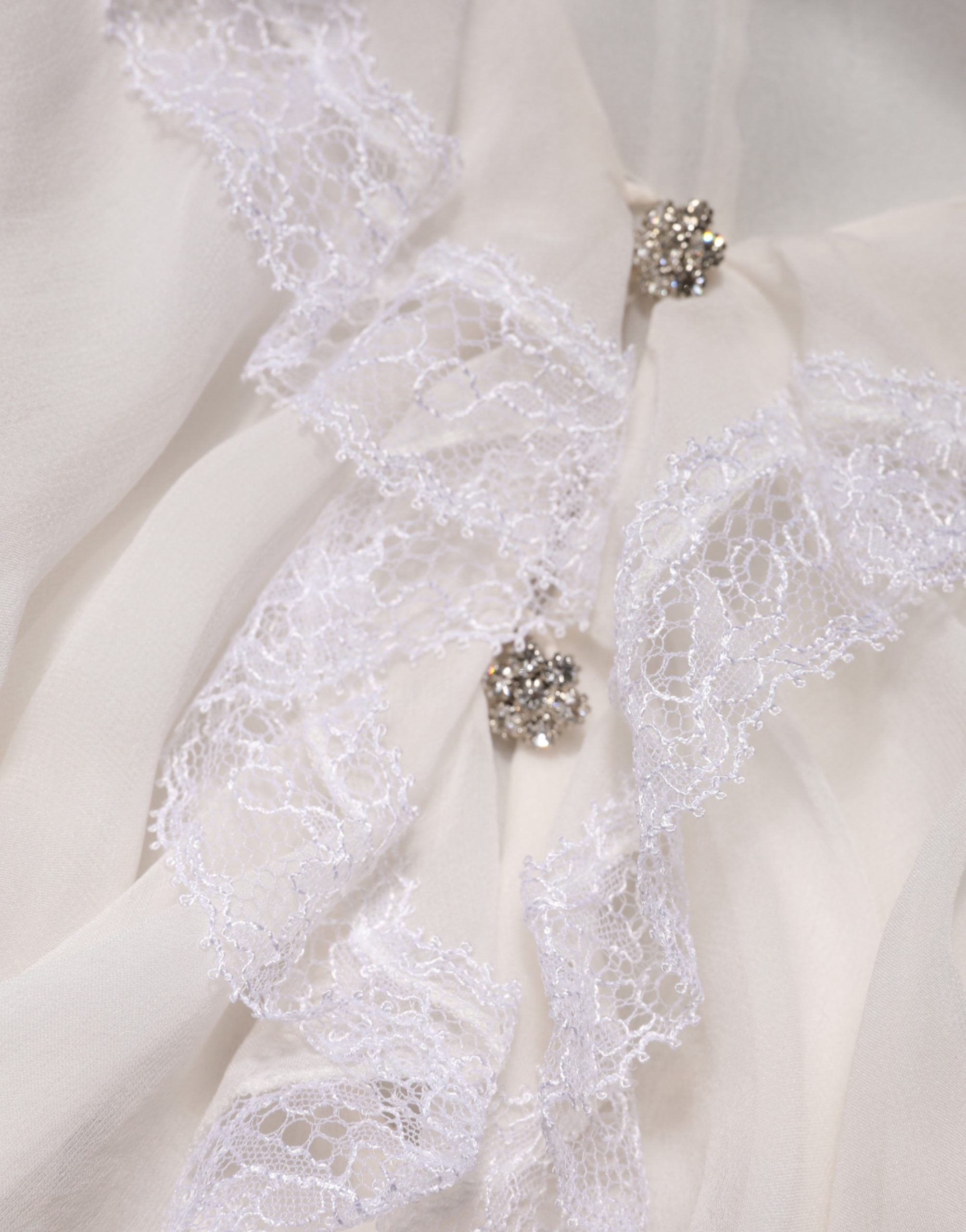 White LongSleeve Lace Trim Ruffled Blouse Top - ventzia