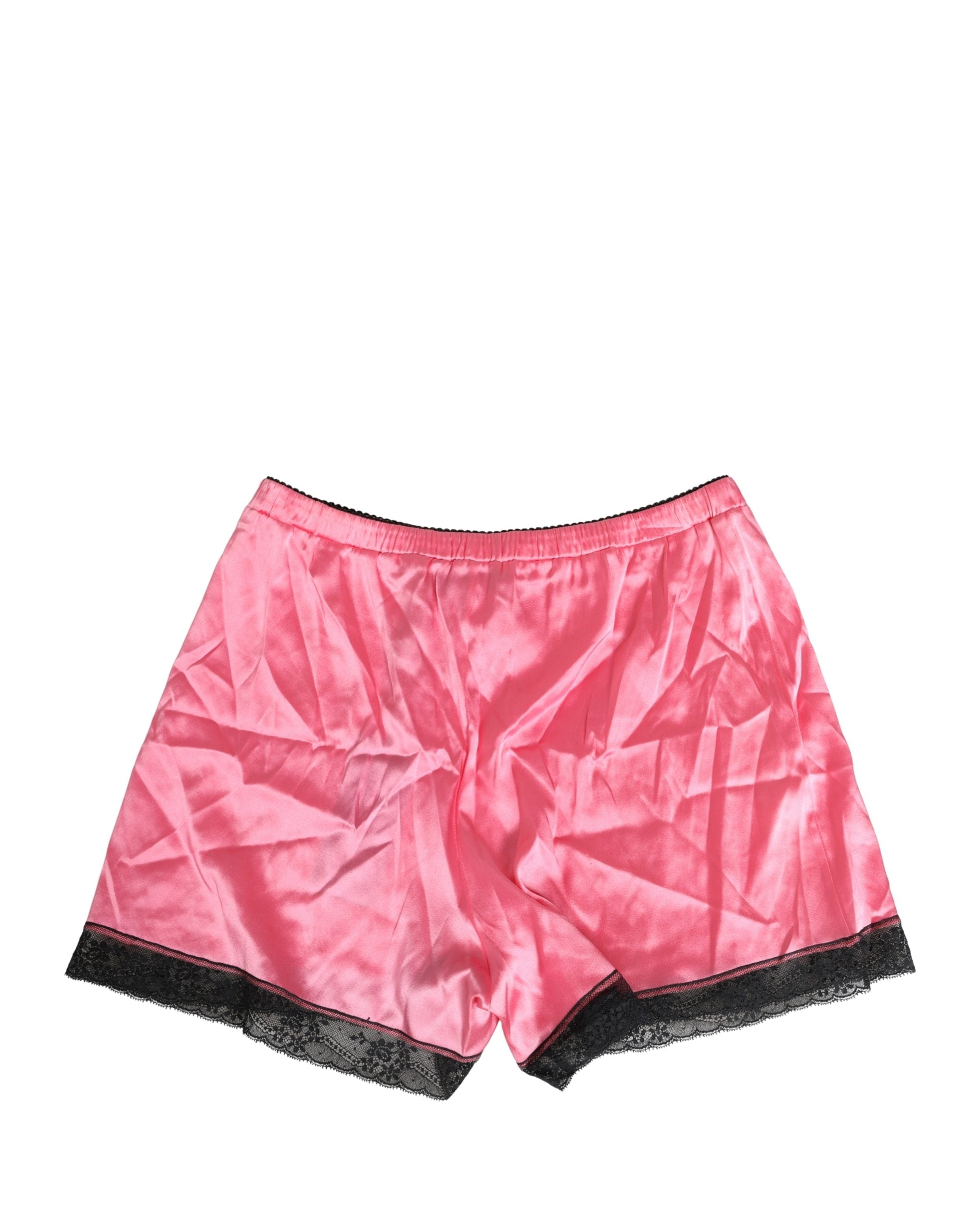 Pink Silk Satin Lace Trim Pajama Shorts Sleepwear - ventzia