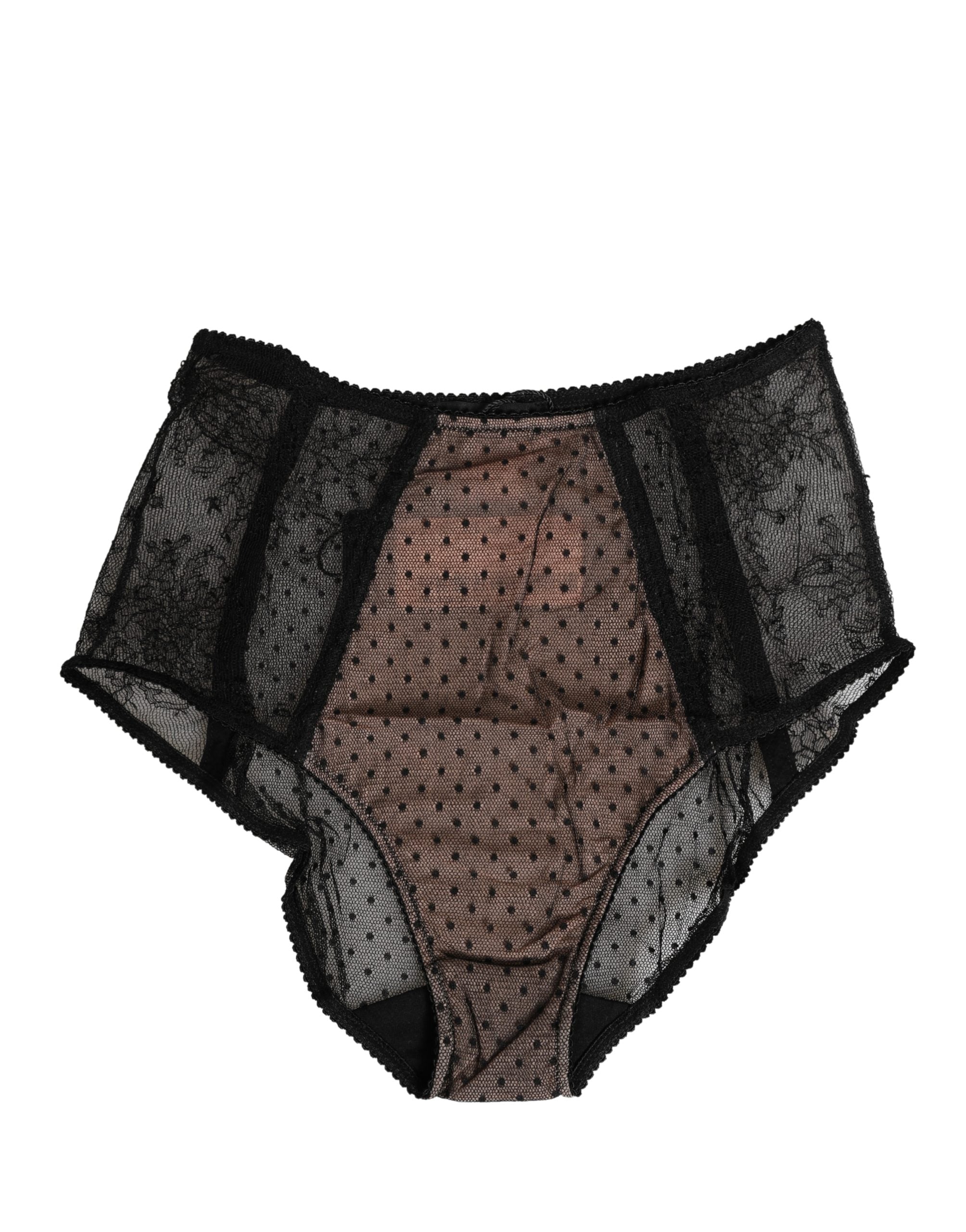 Black Sheer Polka Dot Lace High Waist Brief Underwear - ventzia