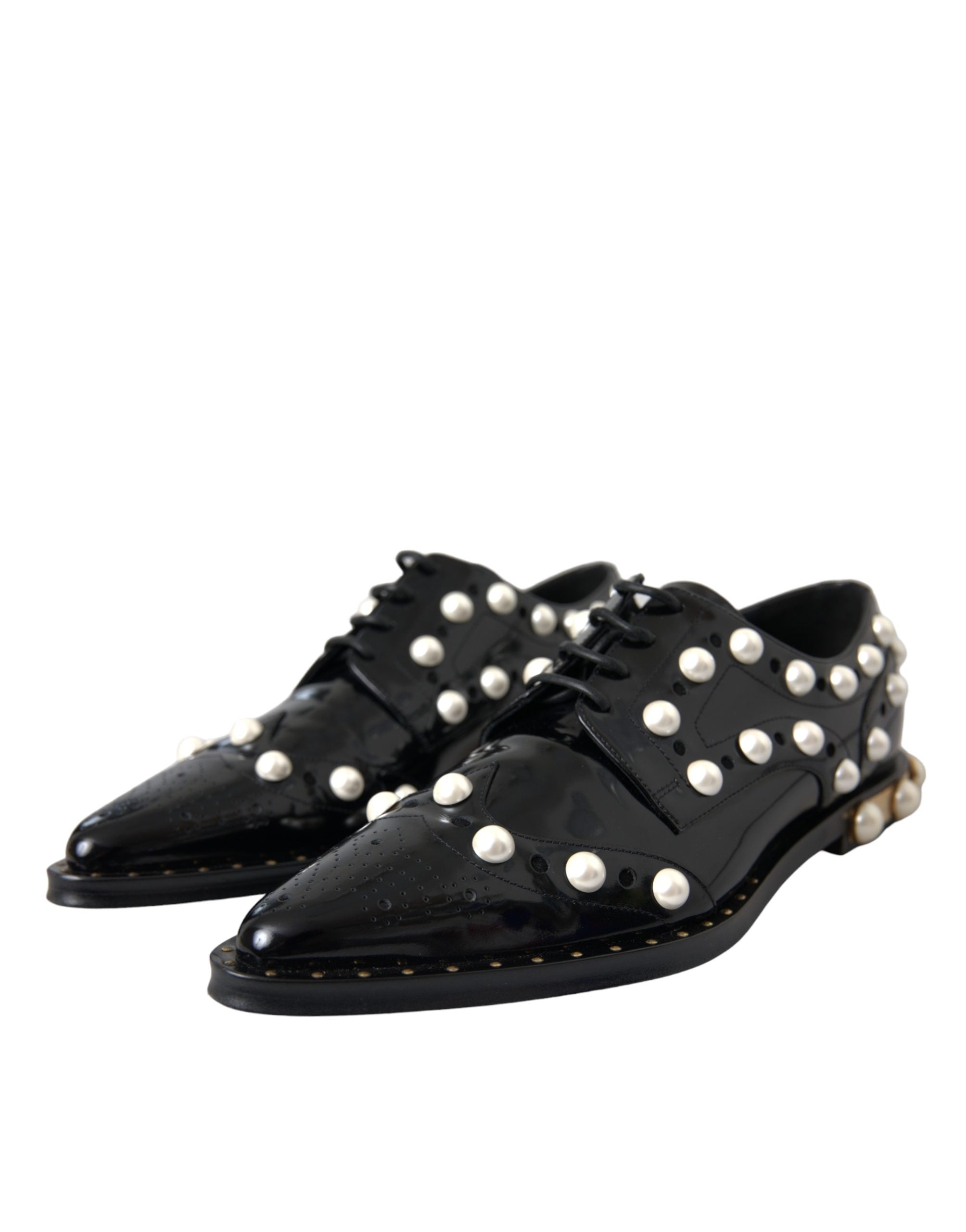 Black Leather Faux Pearl Dress Brogue Shoes - ventzia