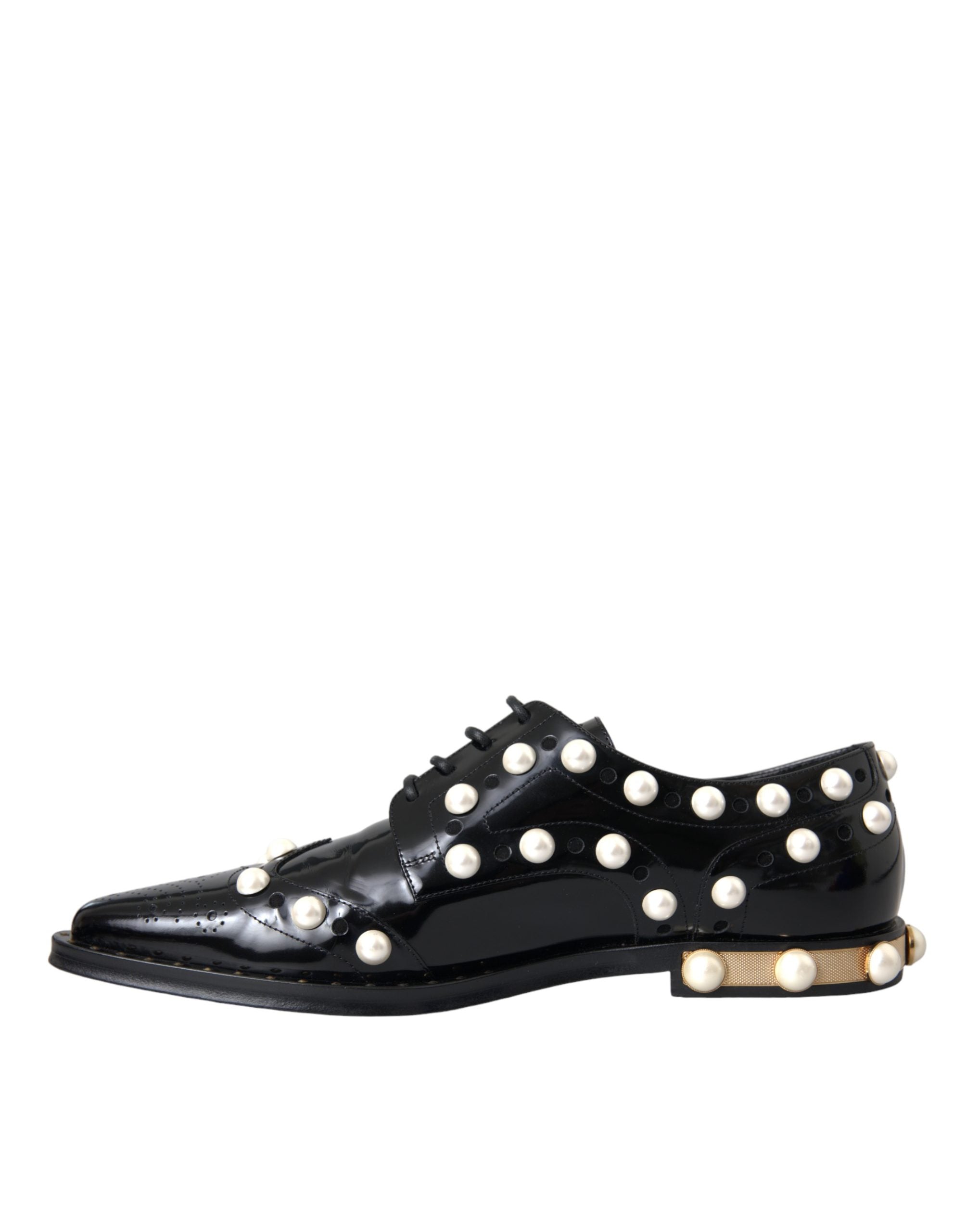 Black Leather Faux Pearl Dress Brogue Shoes - ventzia