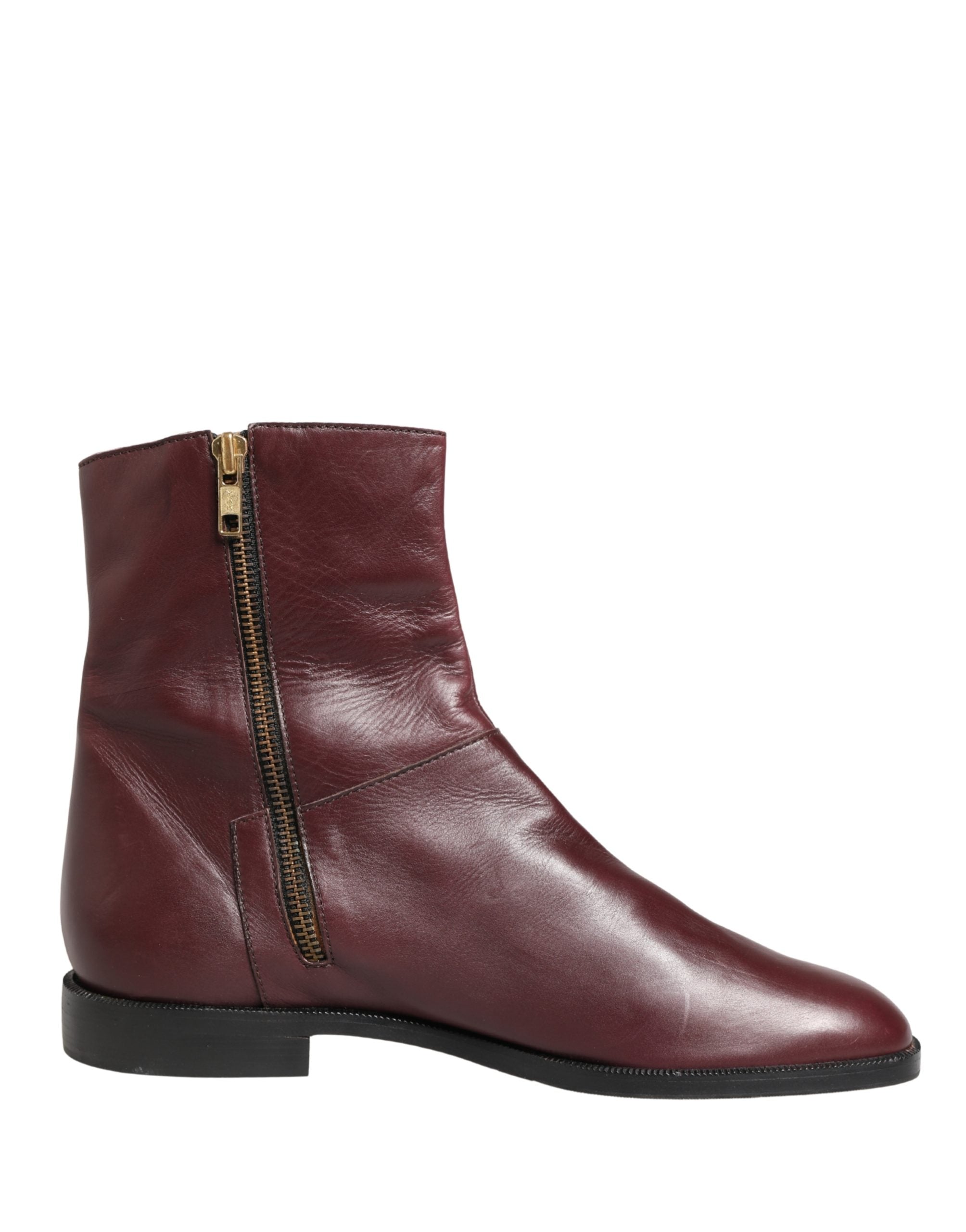 Maroon Leather Flats Biker Ankle Boots Shoes - ventzia