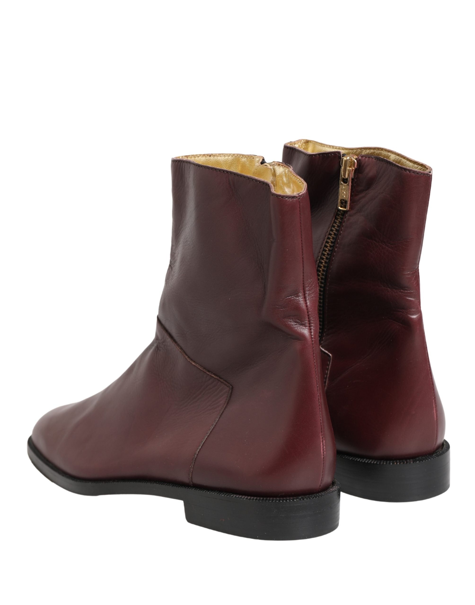 Maroon Leather Flats Biker Ankle Boots Shoes - ventzia