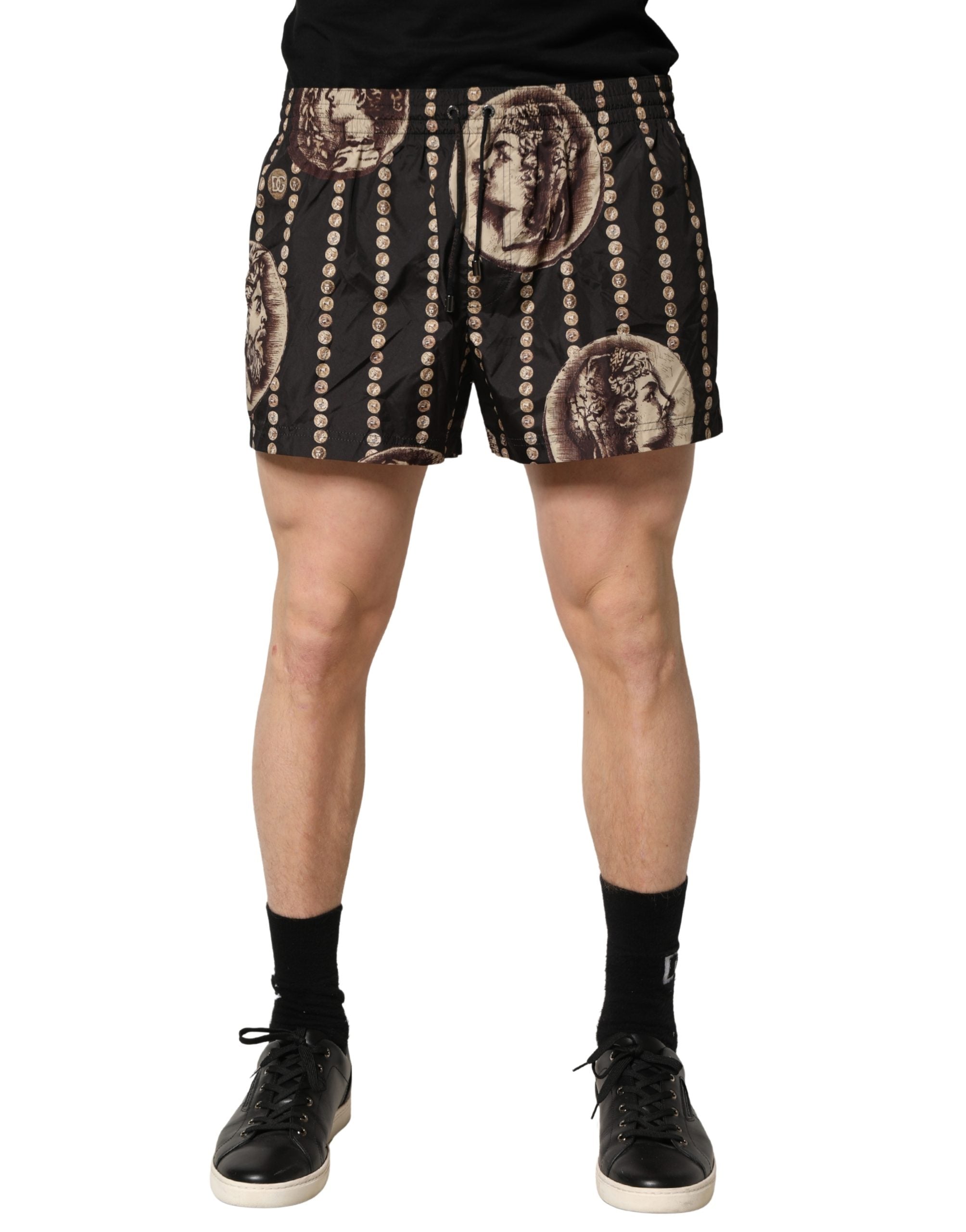 Black Roman Coin Print Swim Shorts Swimwear - ventzia