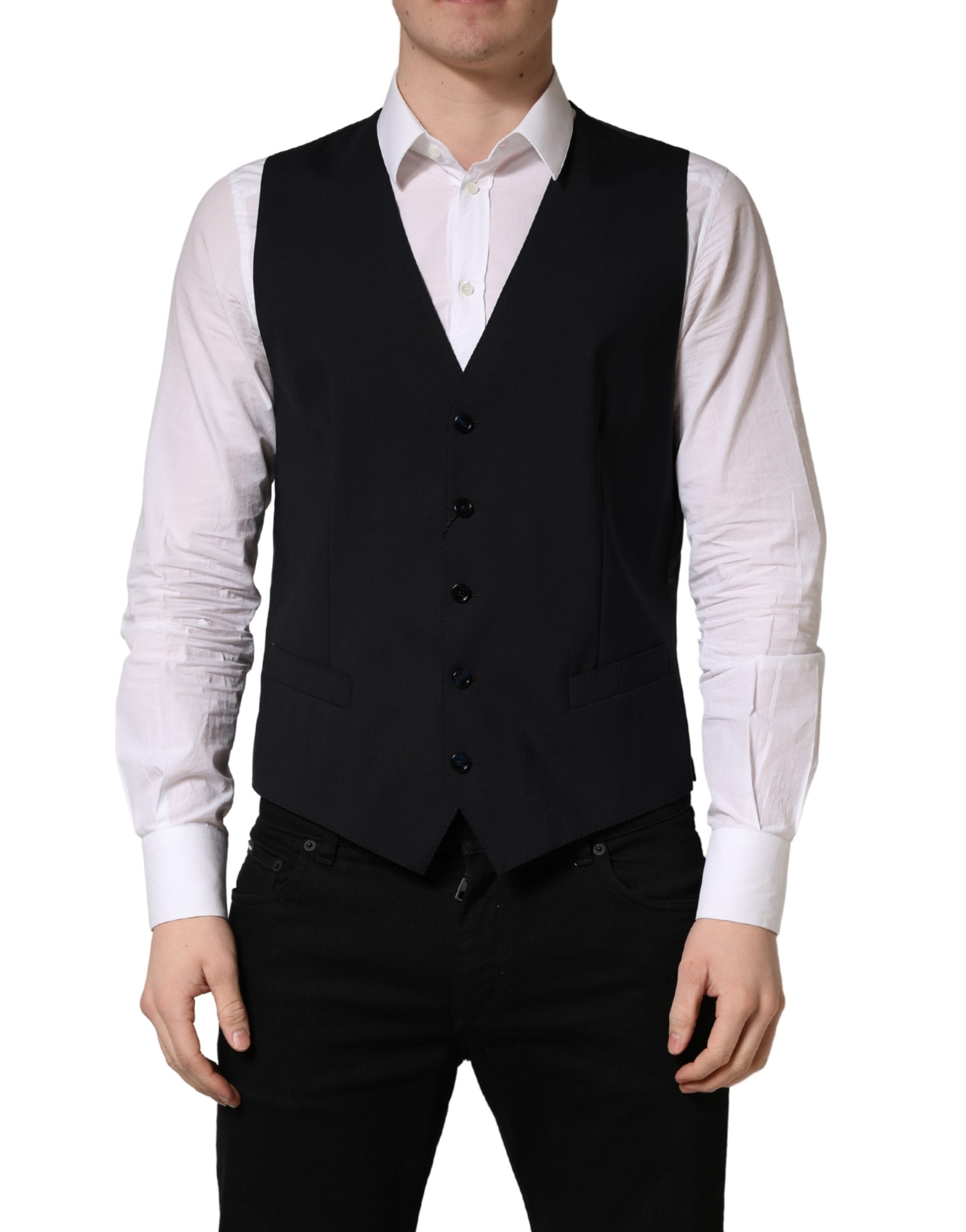 Black Wool Single Breasted Waistcoat Vest - ventzia