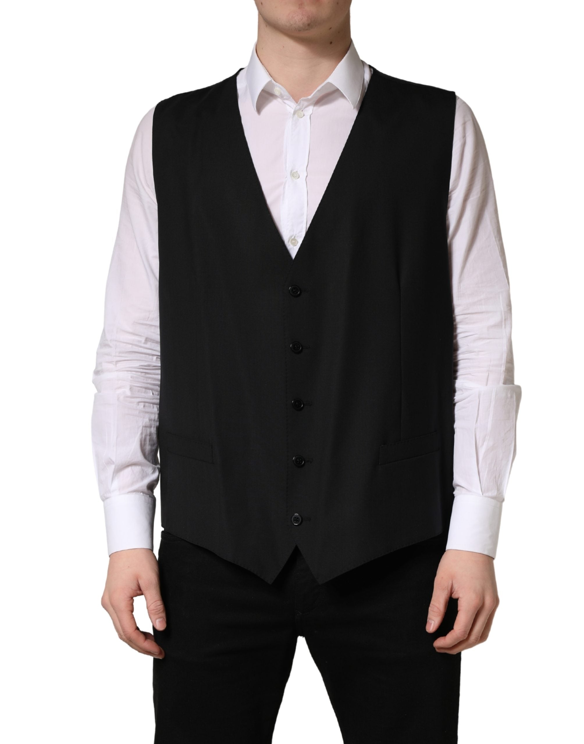 Black Wool Single Breasted Waistcoat Vest - ventzia