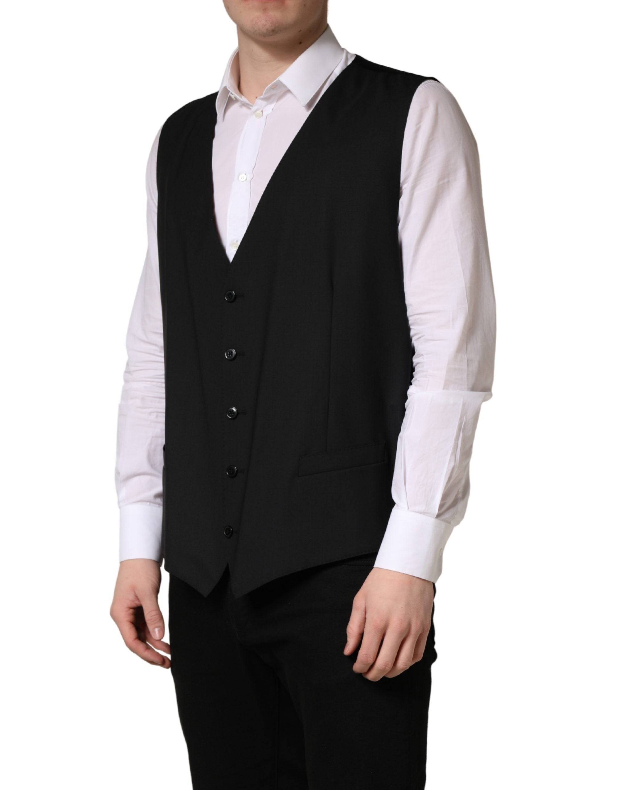 Black Wool Single Breasted Waistcoat Vest - ventzia