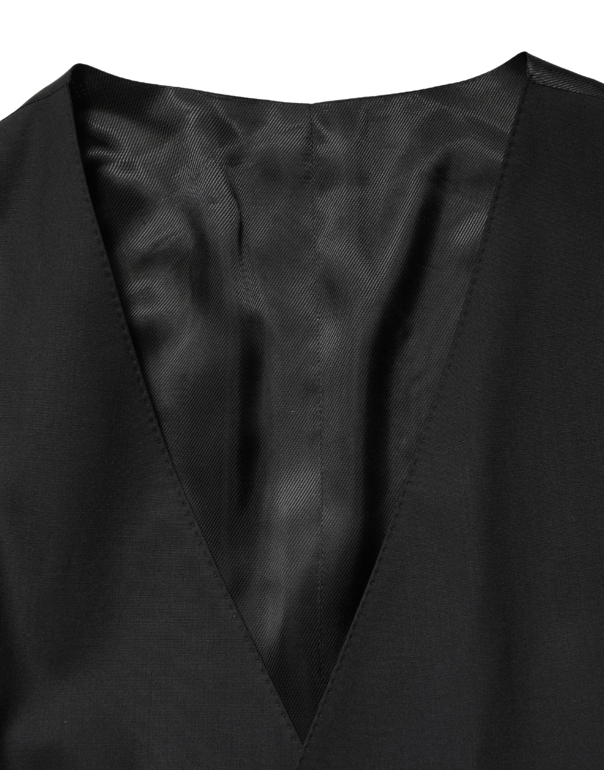Black Wool Single Breasted Waistcoat Vest - ventzia
