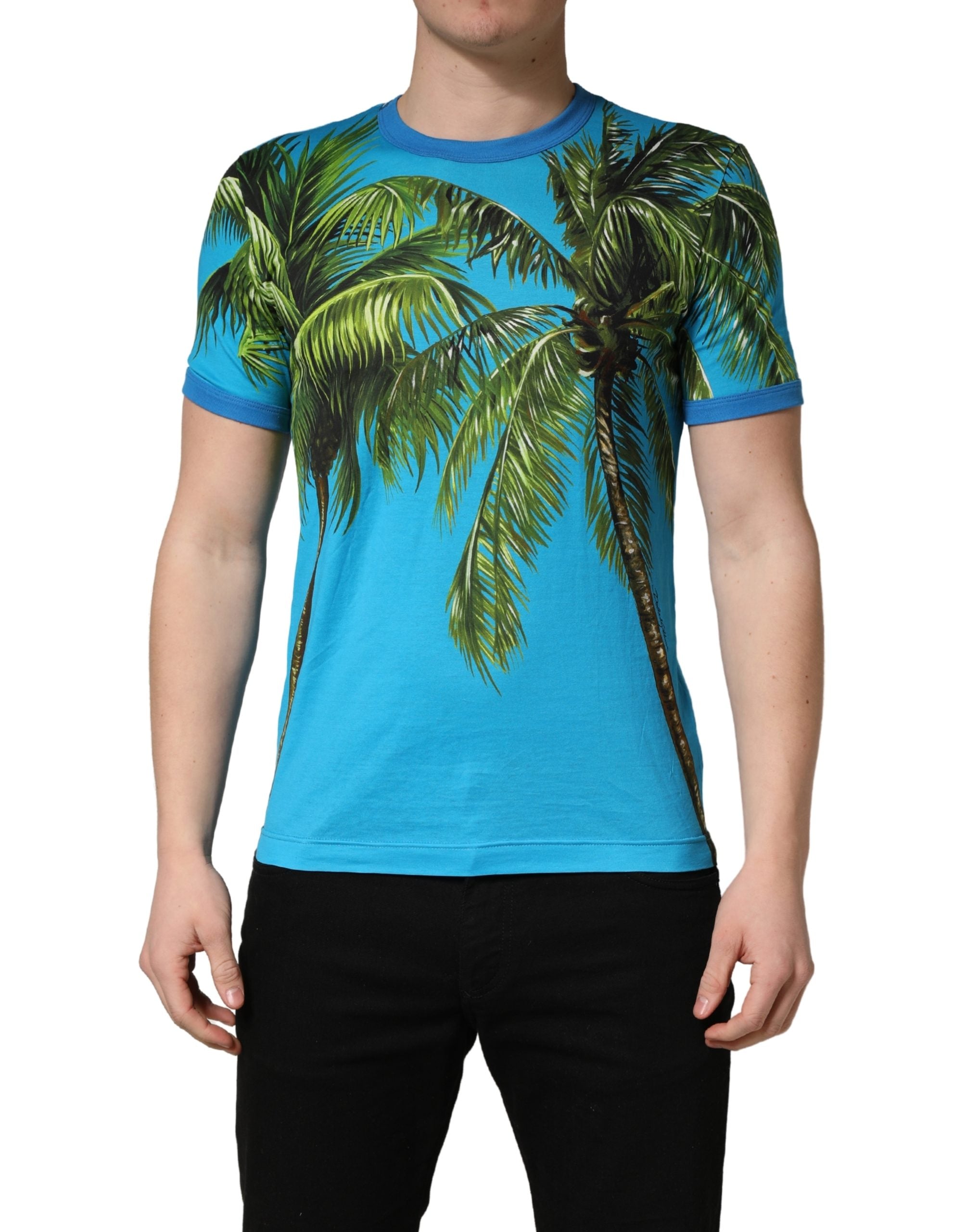 Blue Palm Tree Print Cotton CrewNeck T-shirt - ventzia