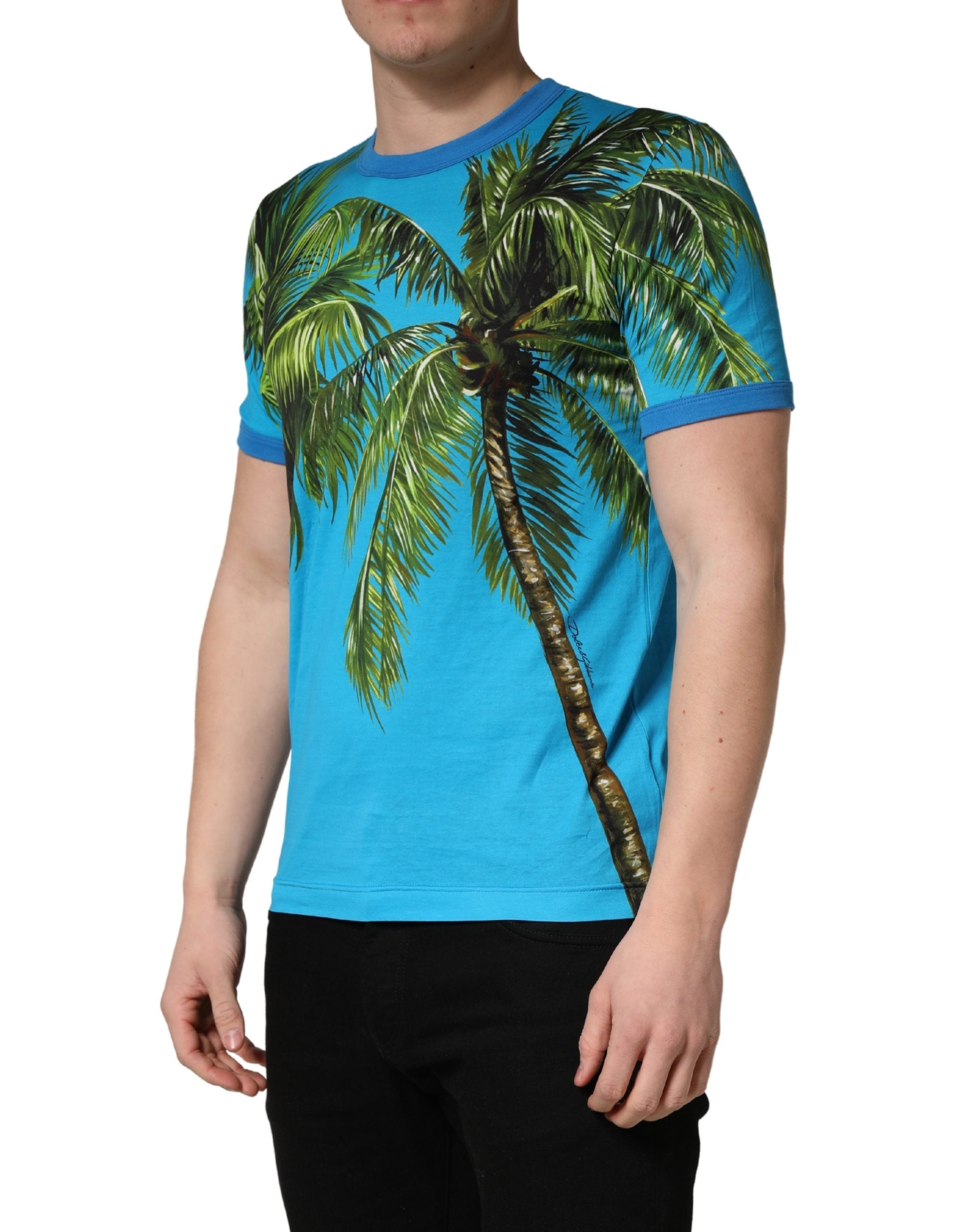Blue Palm Tree Print Cotton CrewNeck T-shirt - ventzia