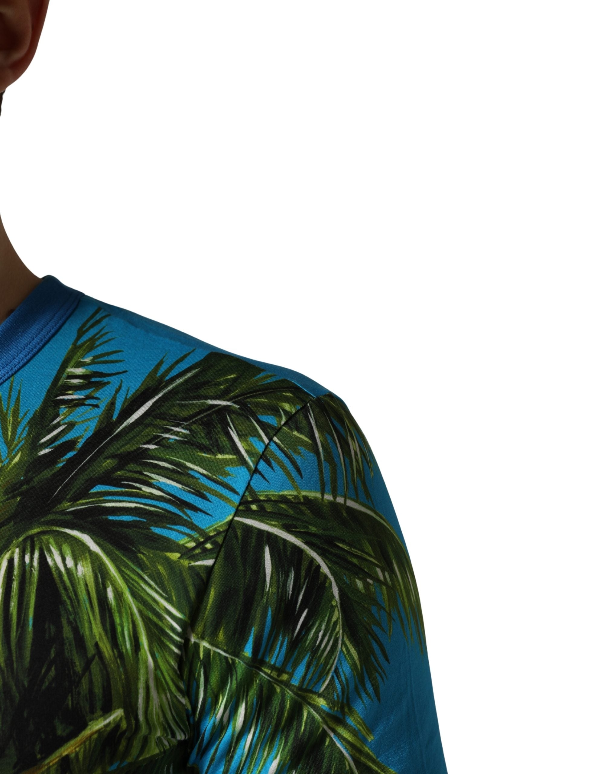 Blue Palm Tree Print Cotton CrewNeck T-shirt - ventzia