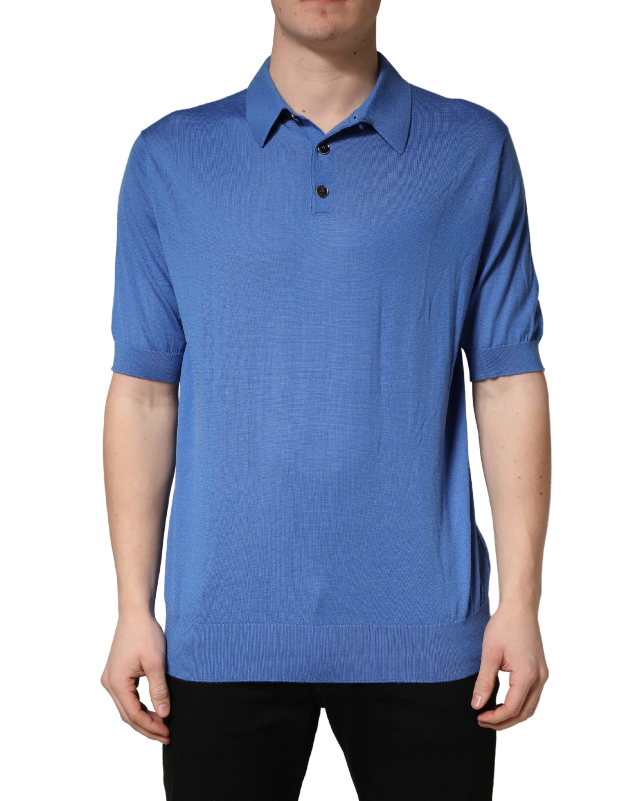 Blue Cashmere Short Sleeves Polo T-shirt - ventzia