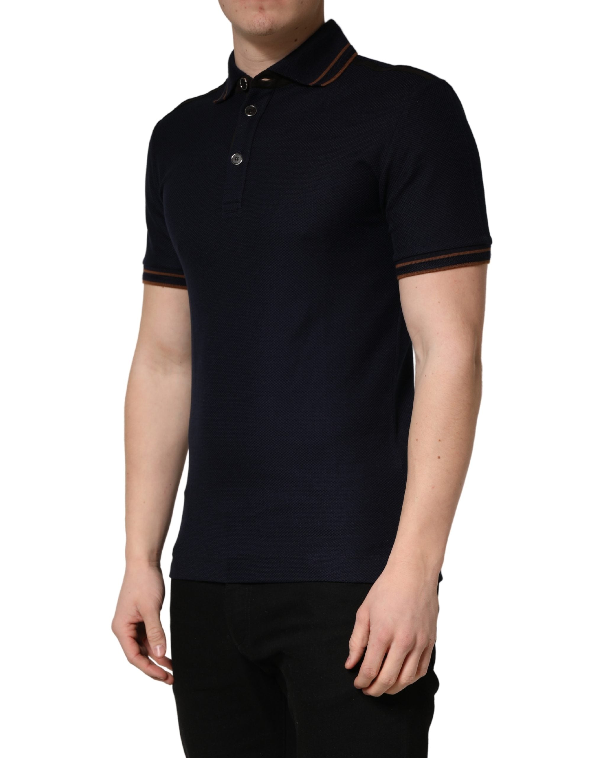 Dark Blue Silk Short Sleeve Men Polo T-shirt - ventzia