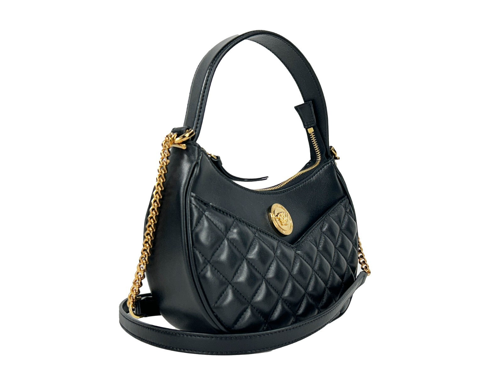 Versace Quilted Black Leather Half Moon Chain Crossbody Bag - ventzia