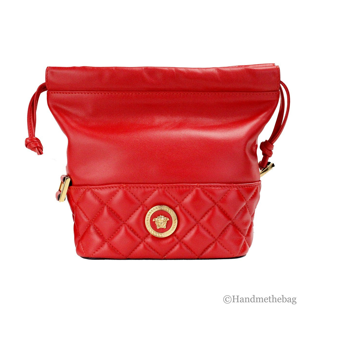 Versace Red Quilted Leather Drawstring Shoulder Bag Bucket Crossbody Handbag - ventzia