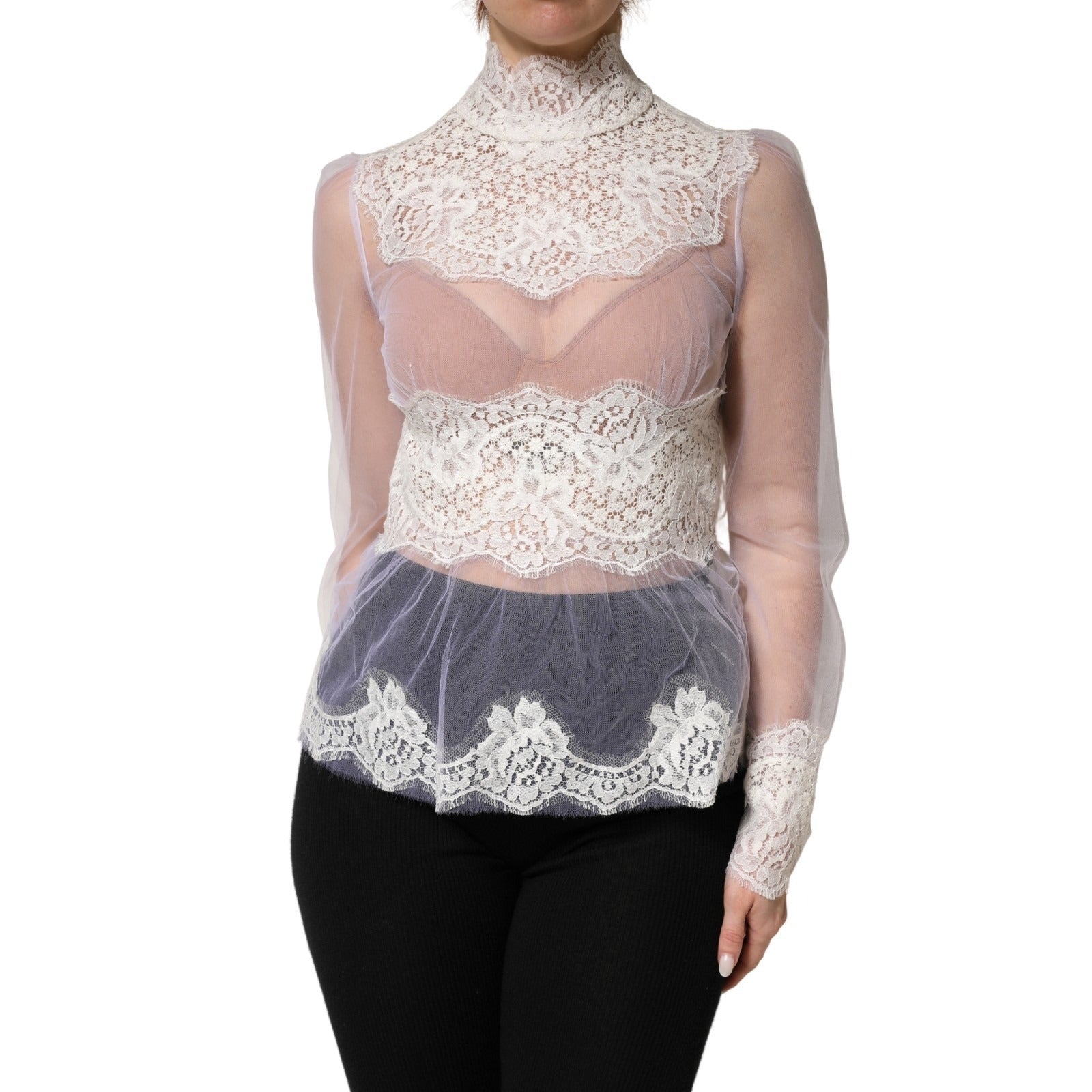 White Nylon Lace Tulle Sheer Long Sleeve Top - ventzia