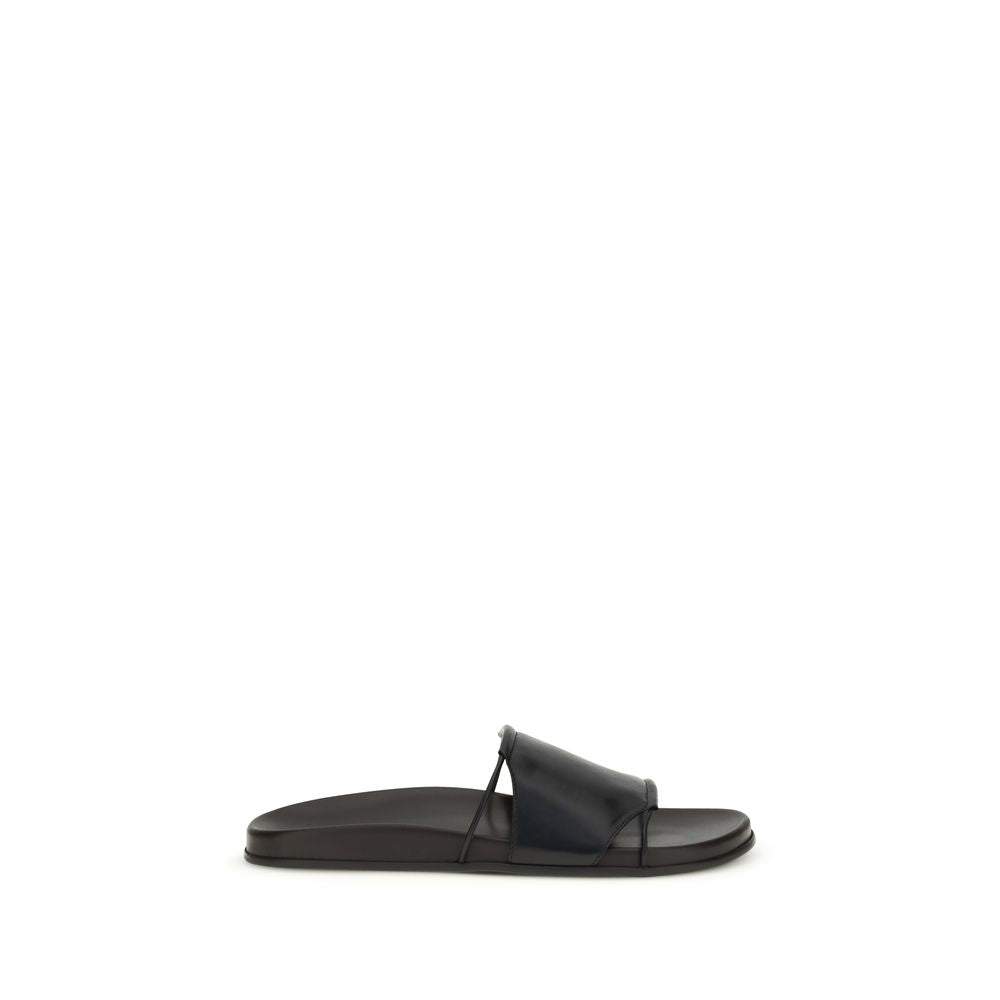 Black Calf Leather Bos Taurus Flat Sandals