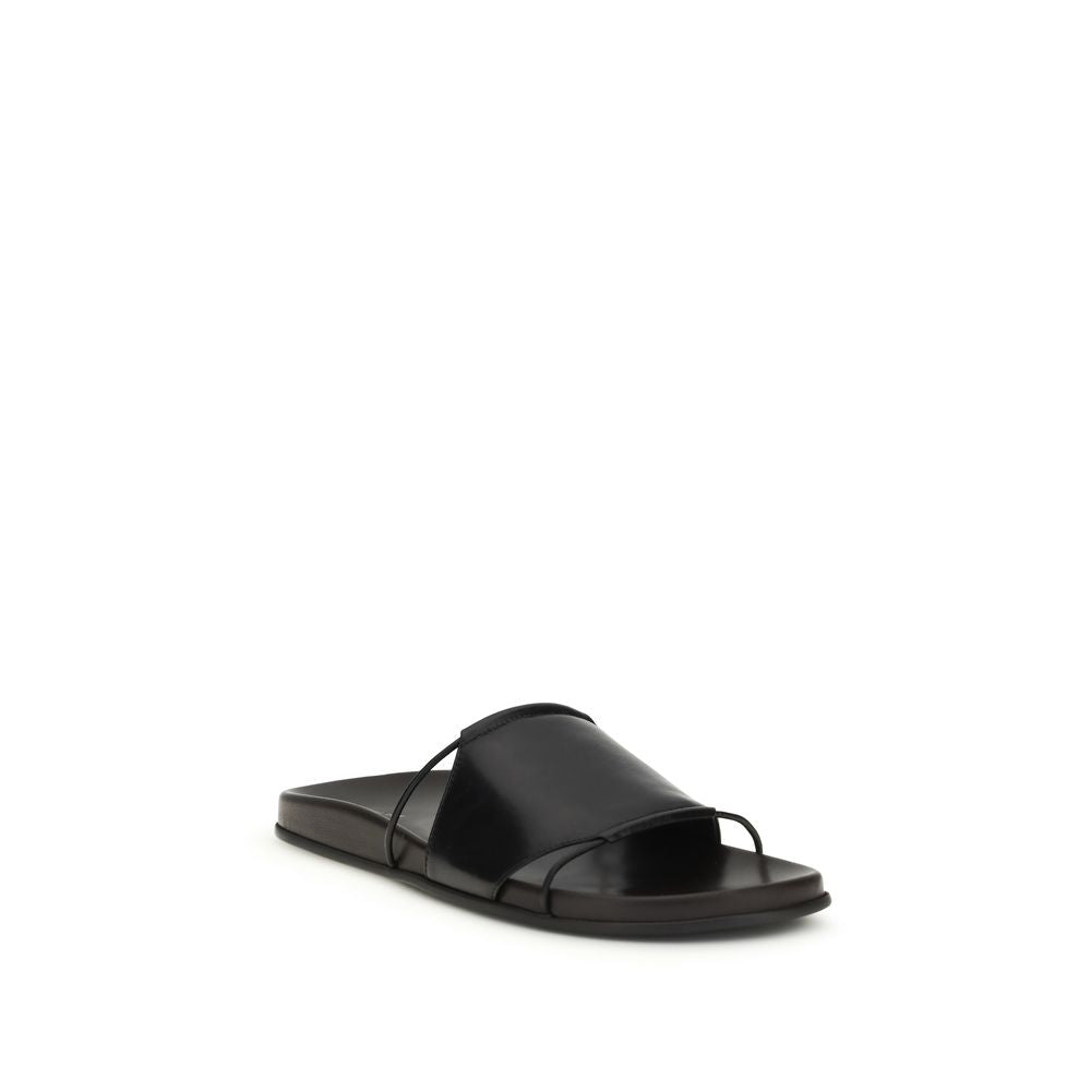 Black Calf Leather Bos Taurus Flat Sandals
