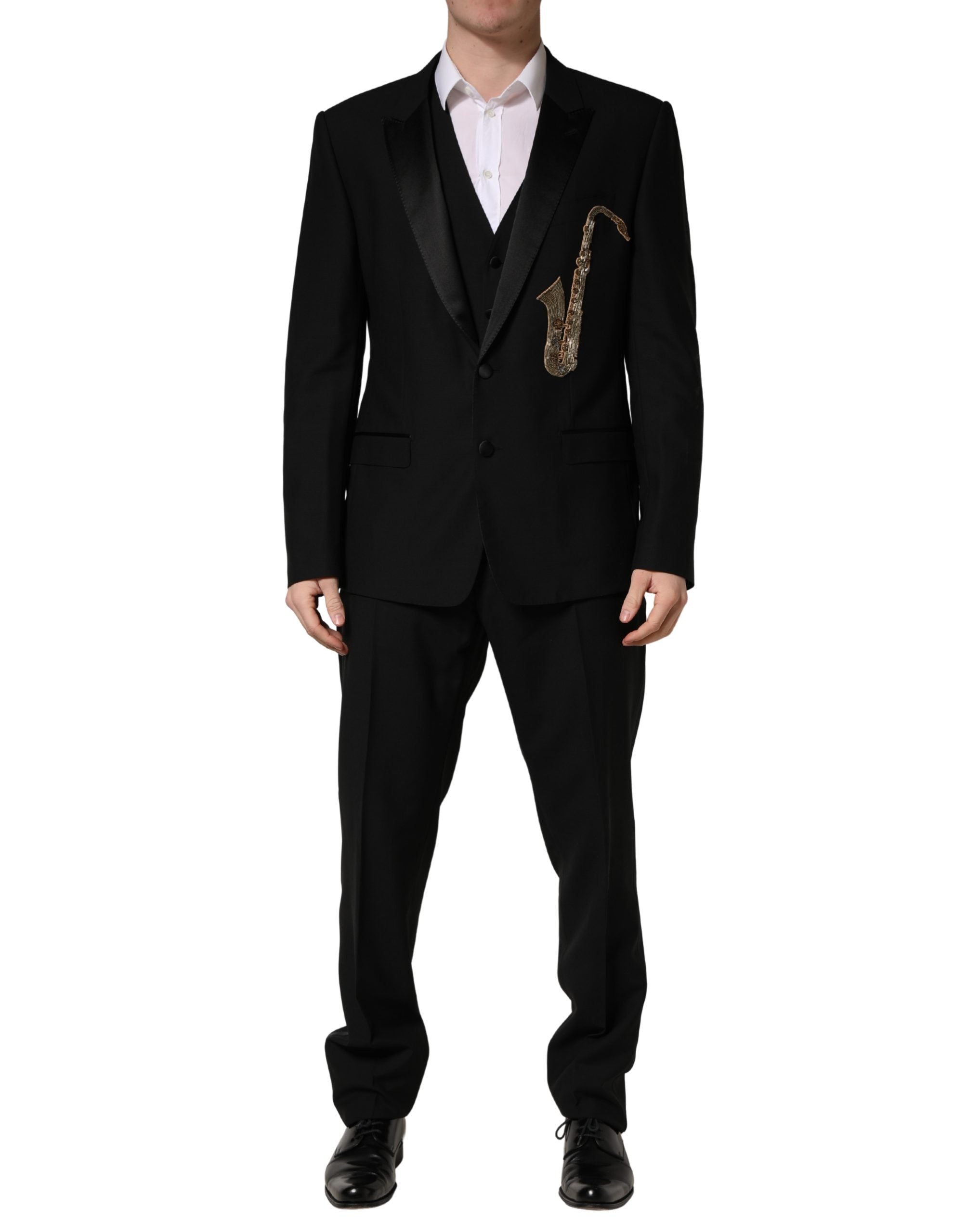 Black Wool Silk Saxophone Slim Fit 3Pc Suit - ventzia