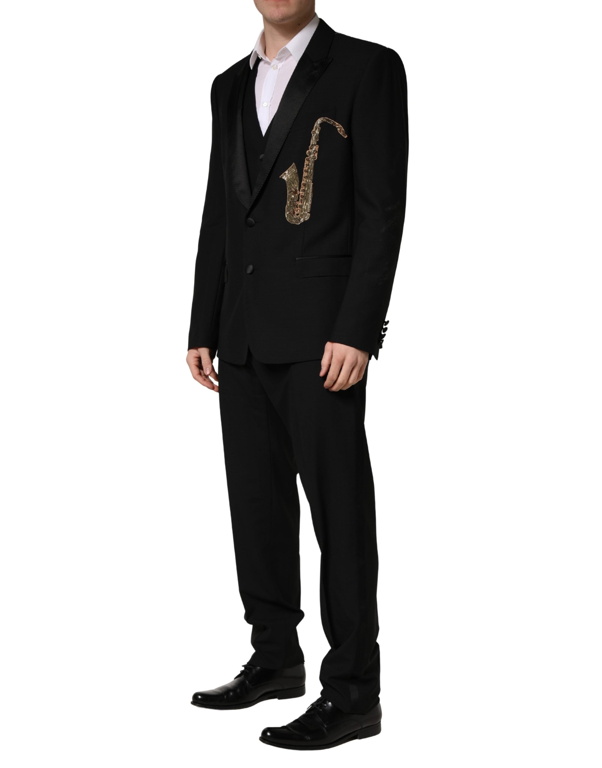 Black Wool Silk Saxophone Slim Fit 3Pc Suit - ventzia