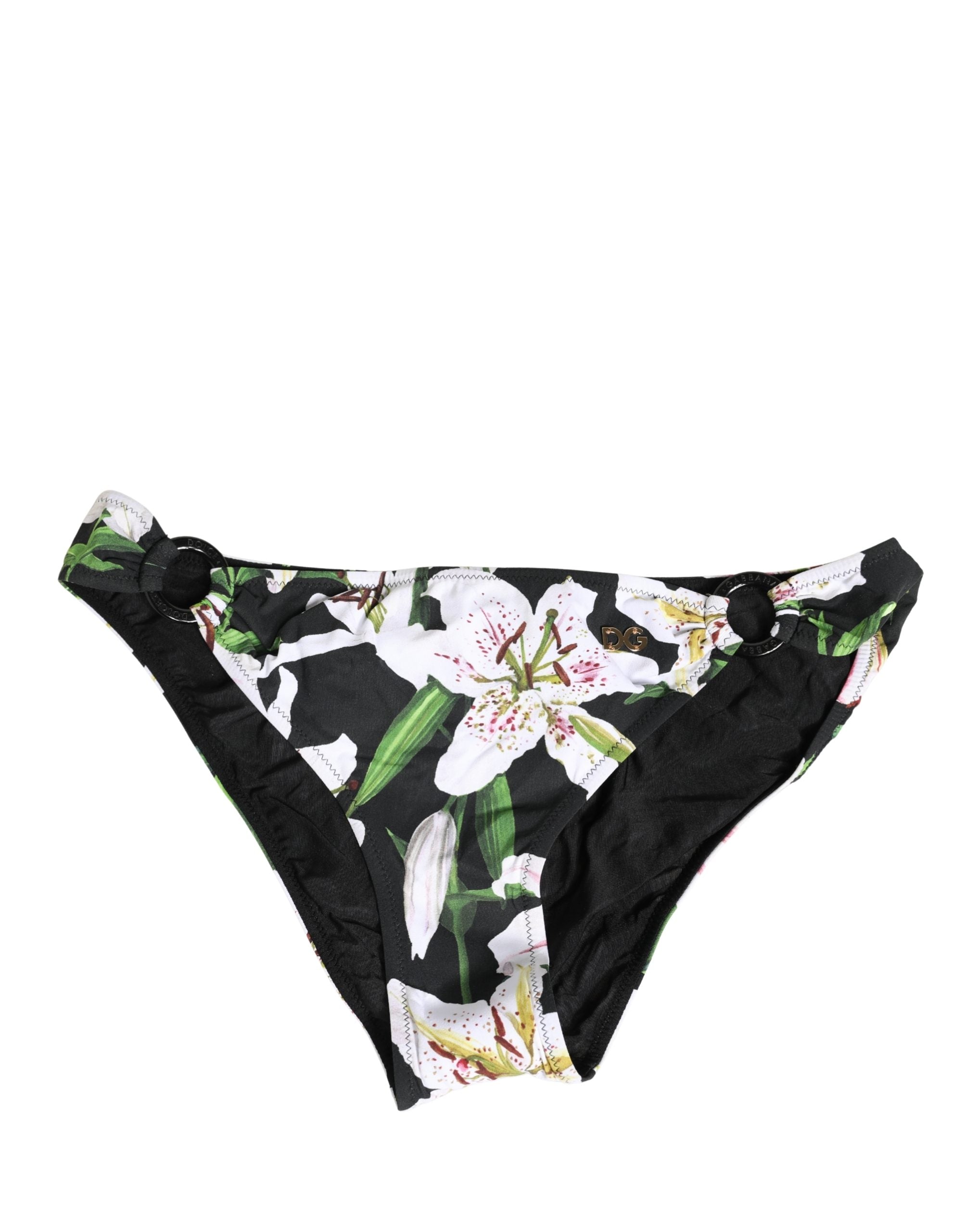 Black Lily Print Nylon Bottom Beachwear Swimwear - ventzia