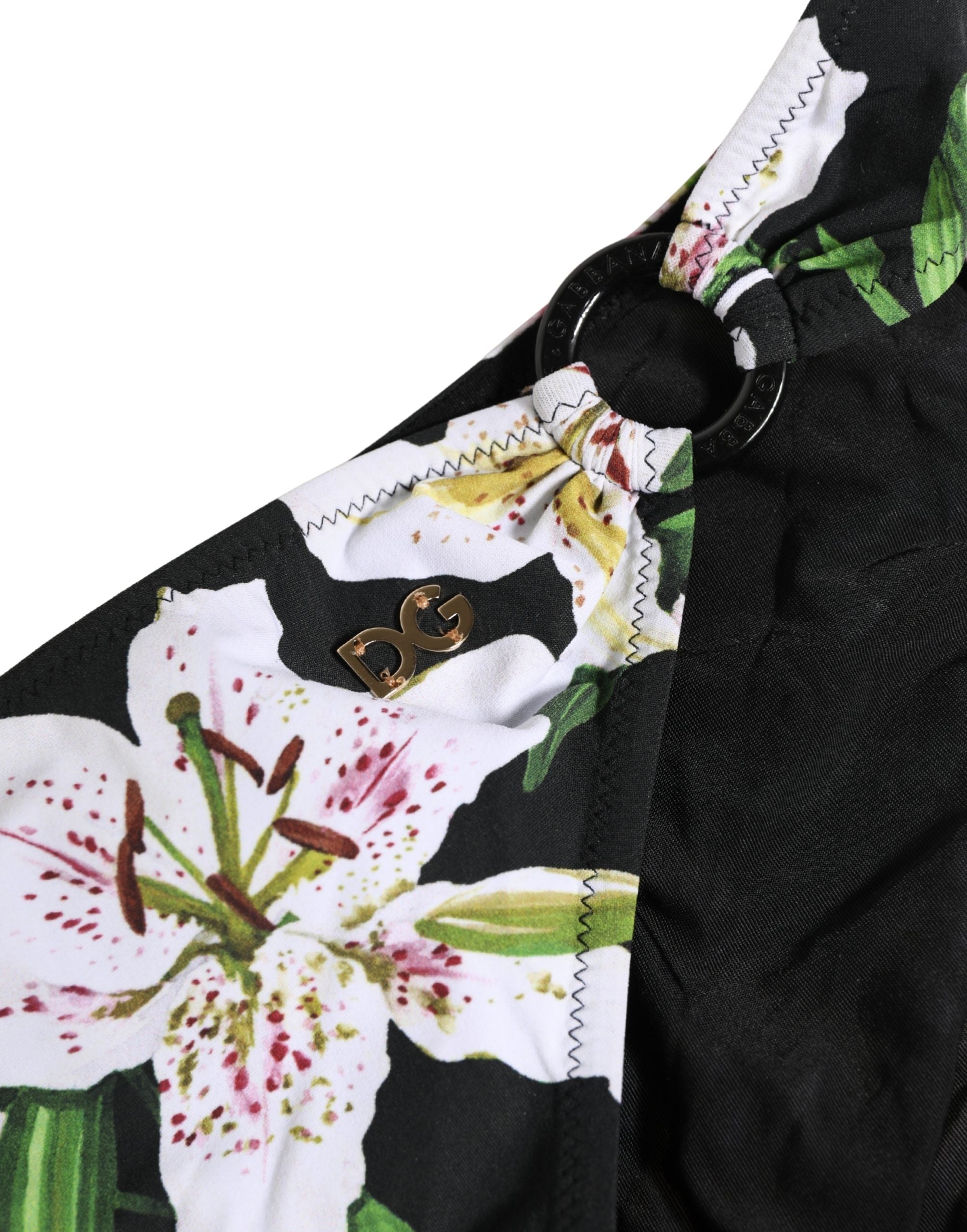 Black Lily Print Nylon Bottom Beachwear Swimwear - ventzia