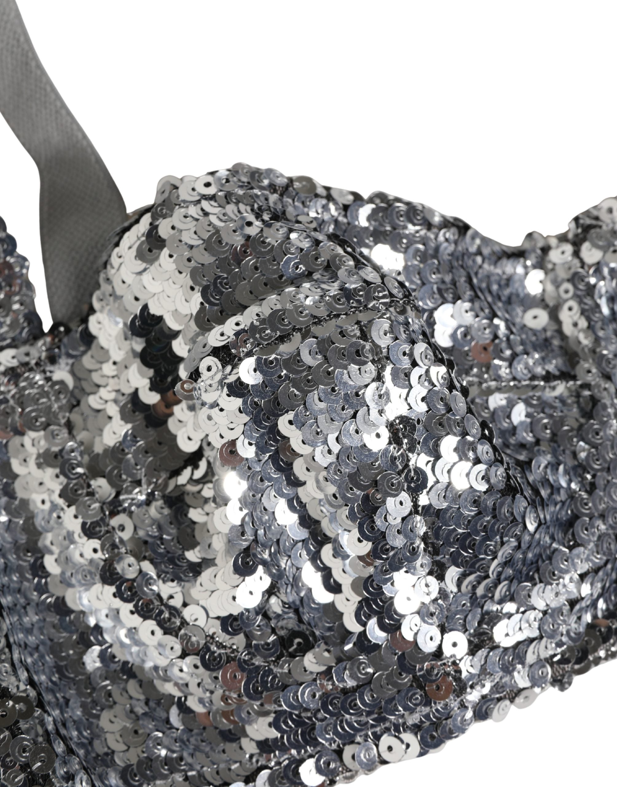 Silver Sequined Nyon Balconnet Bra Underwear - ventzia