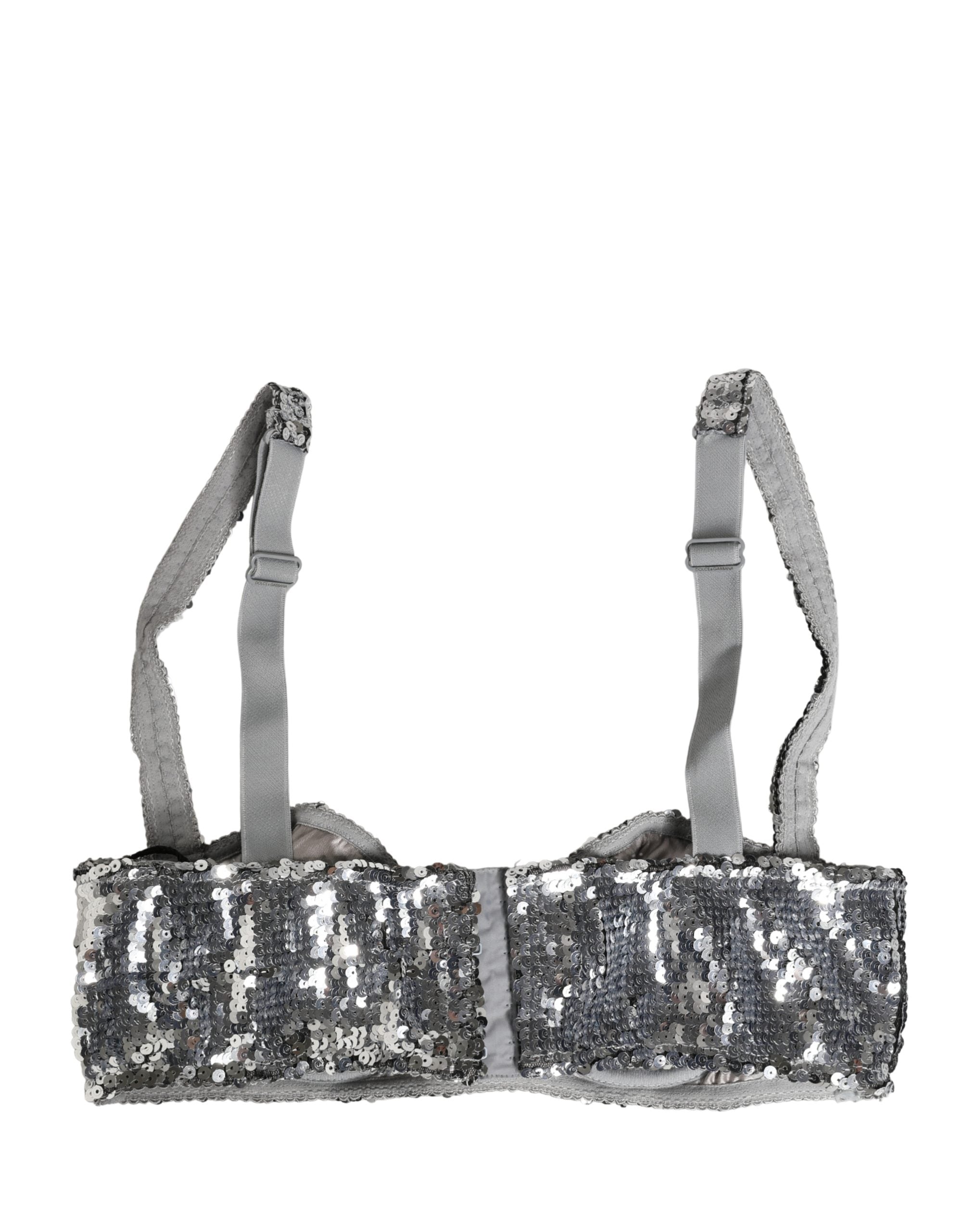 Silver Sequined Nyon Balconnet Bra Underwear - ventzia