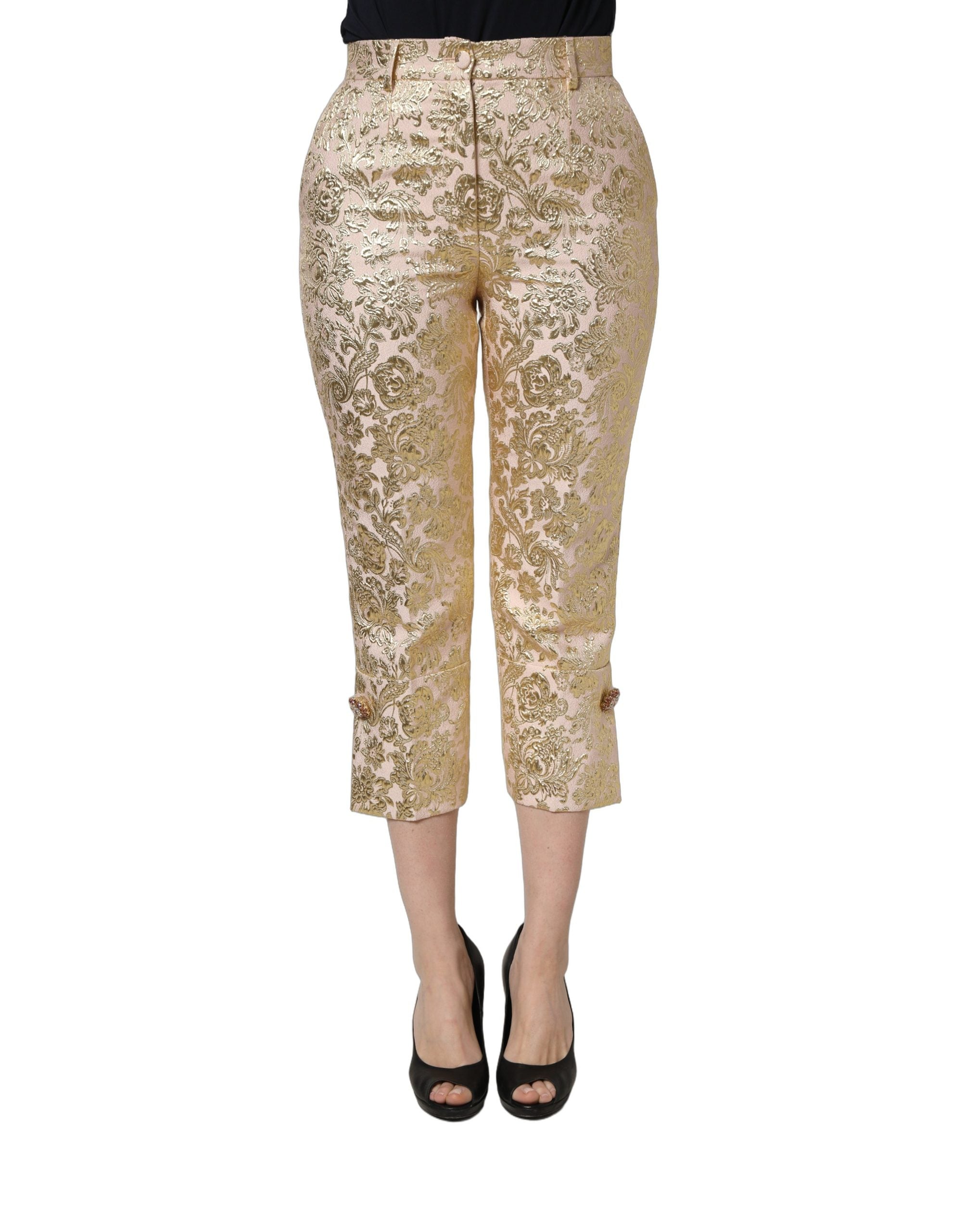 Gold Jacquard Floral LamΓ© Crop Trouser Pants