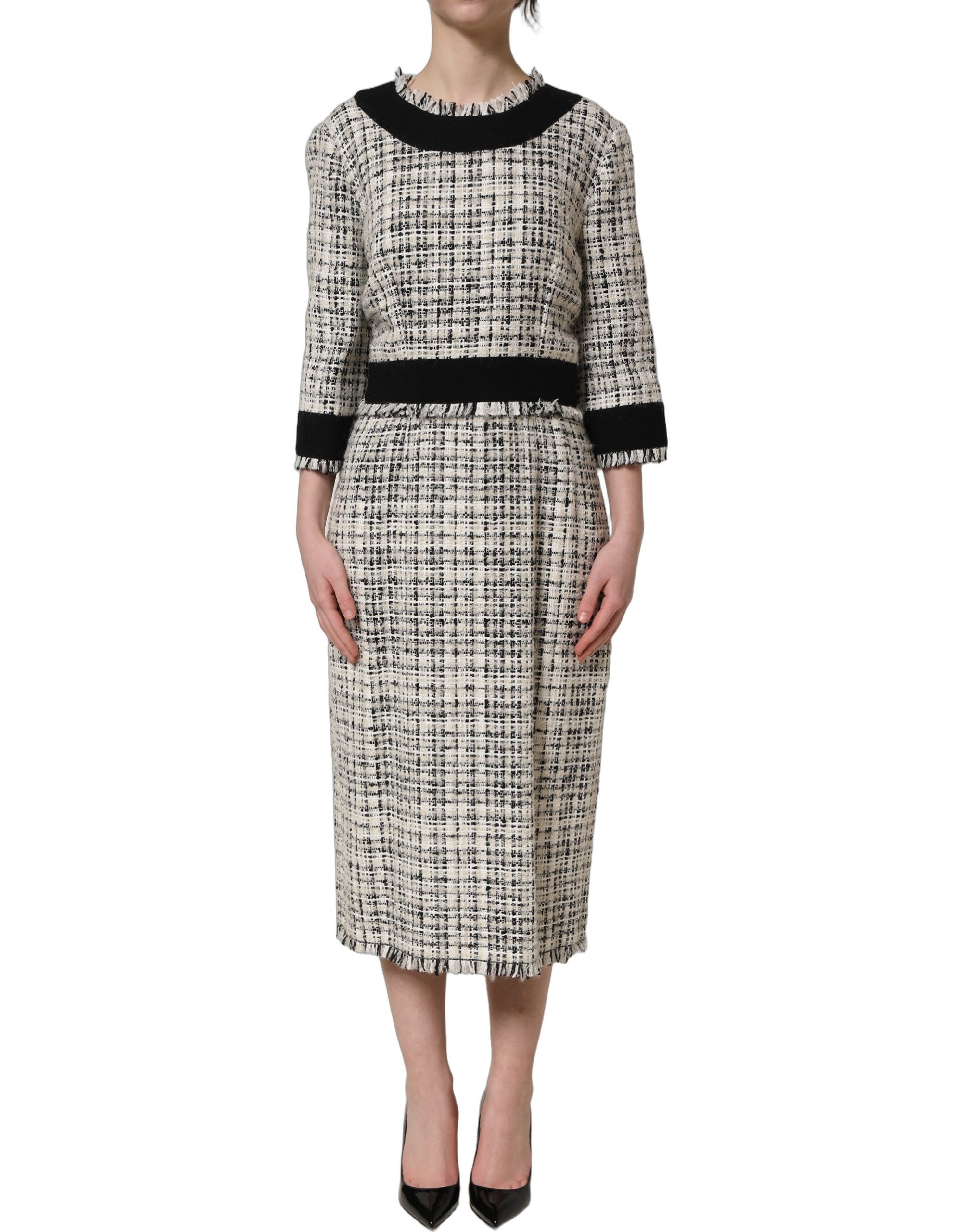 Multicolor BouclΓ© Tweed Frayed Trim Midi Dress