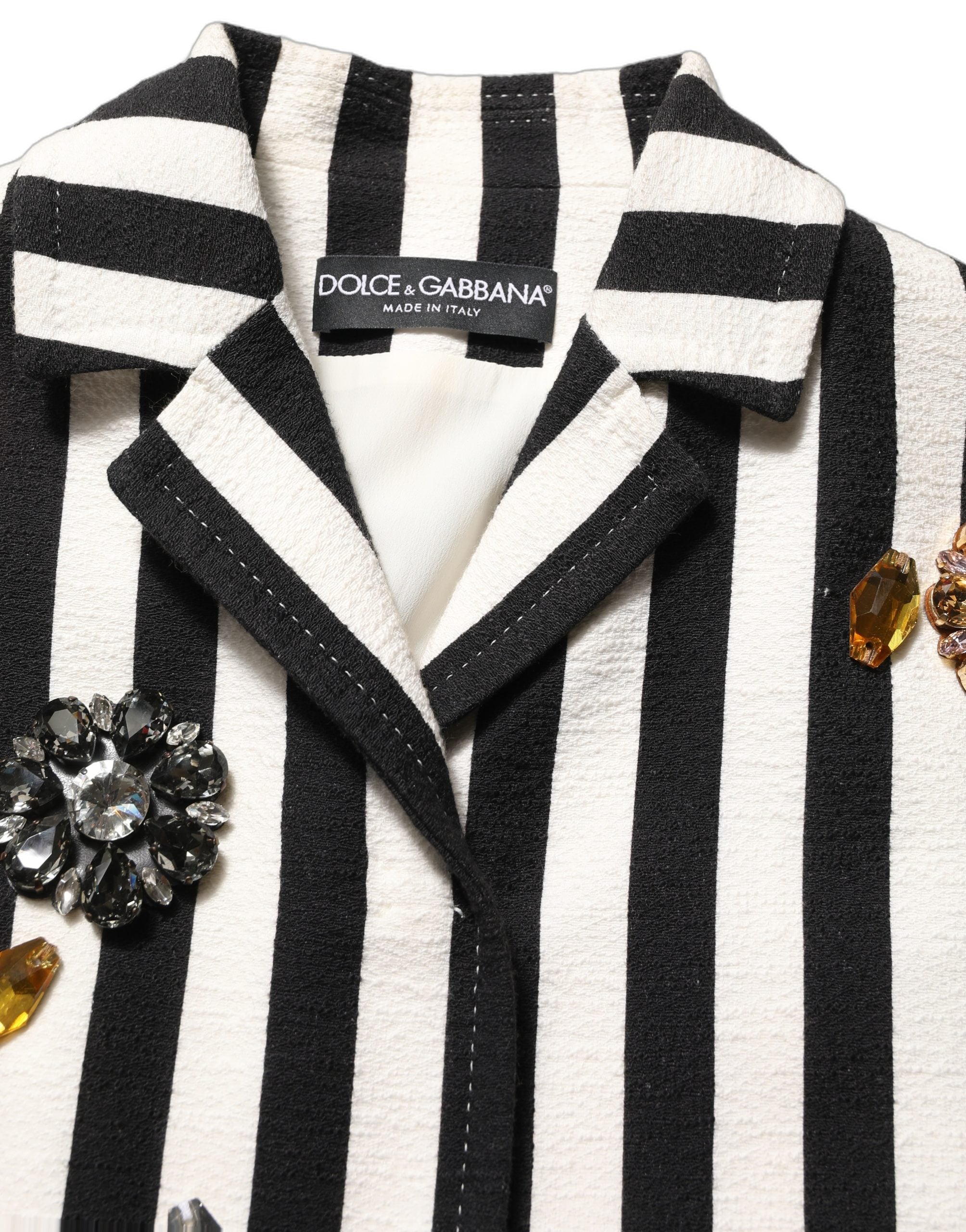 Black White Striped Embellished Coat Jacket