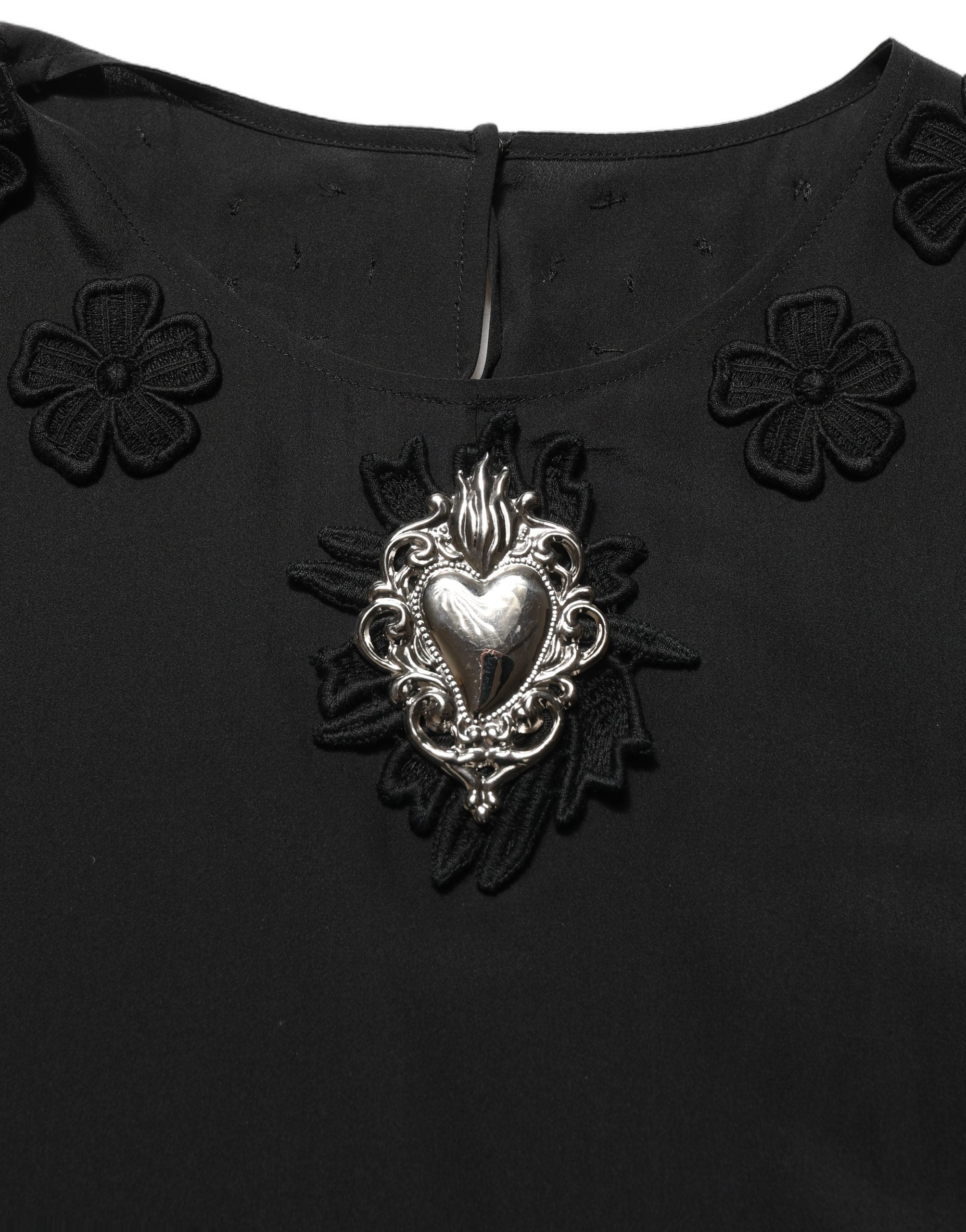 Black Floral Silk Heart AppliquΓ© Blouse Top