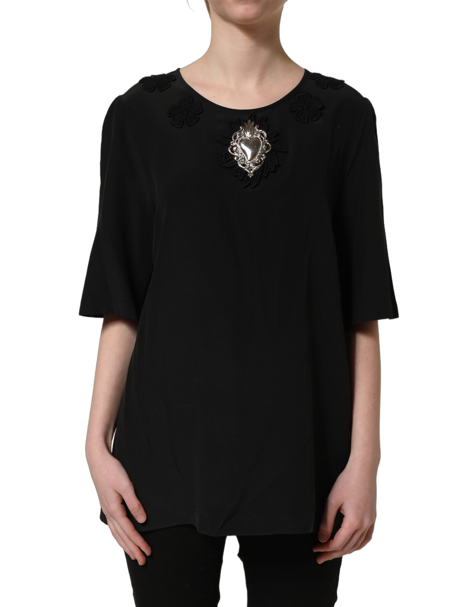 Black Floral Silk Heart AppliquΓ© Blouse Top