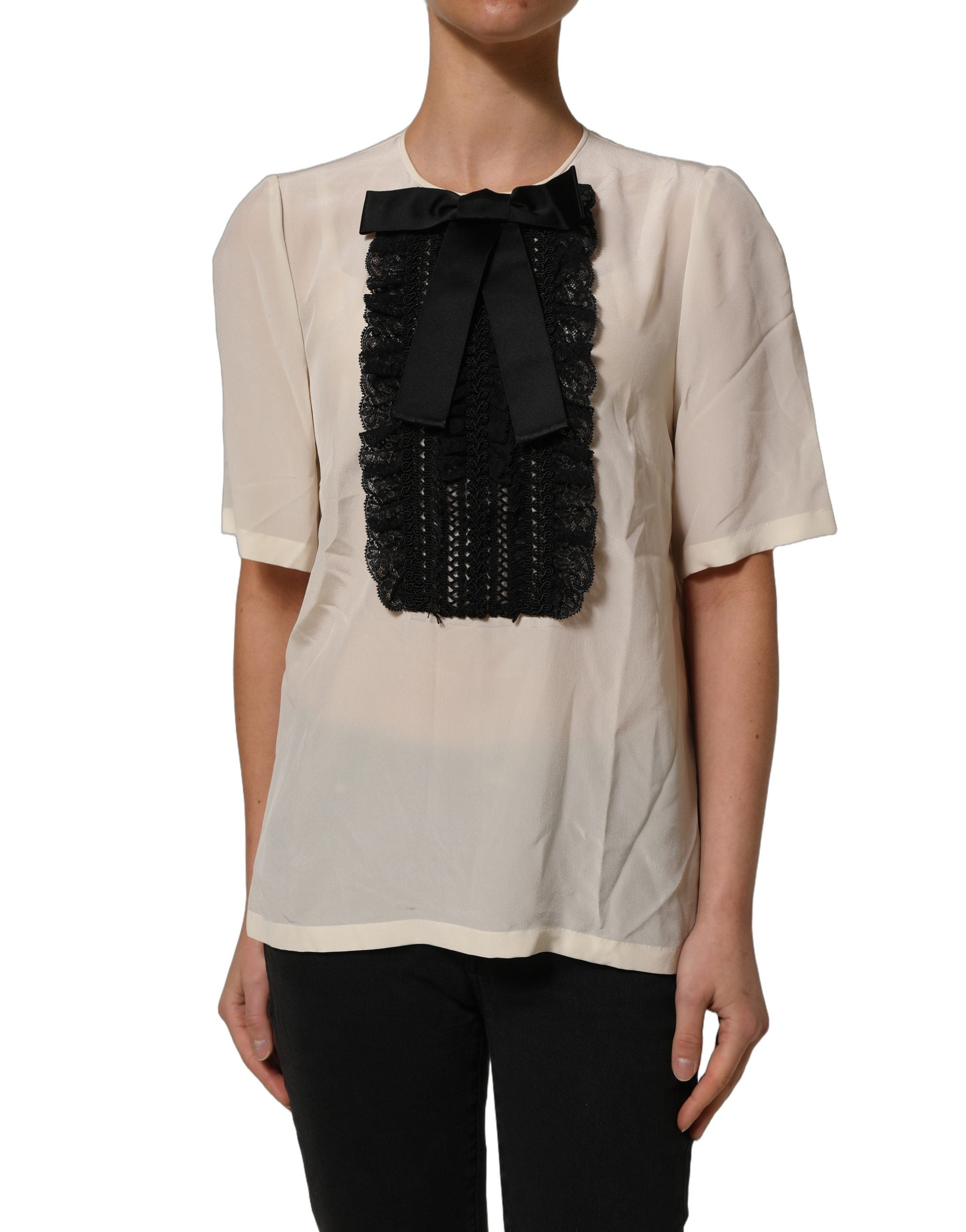 Beige Lace Trim Bow Short Sleeves Blouse Top