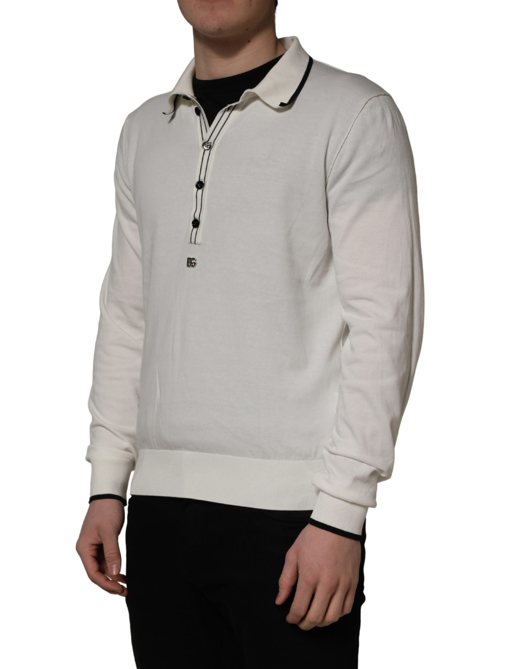 White Cotton Blend Men Polo Pullover Sweater