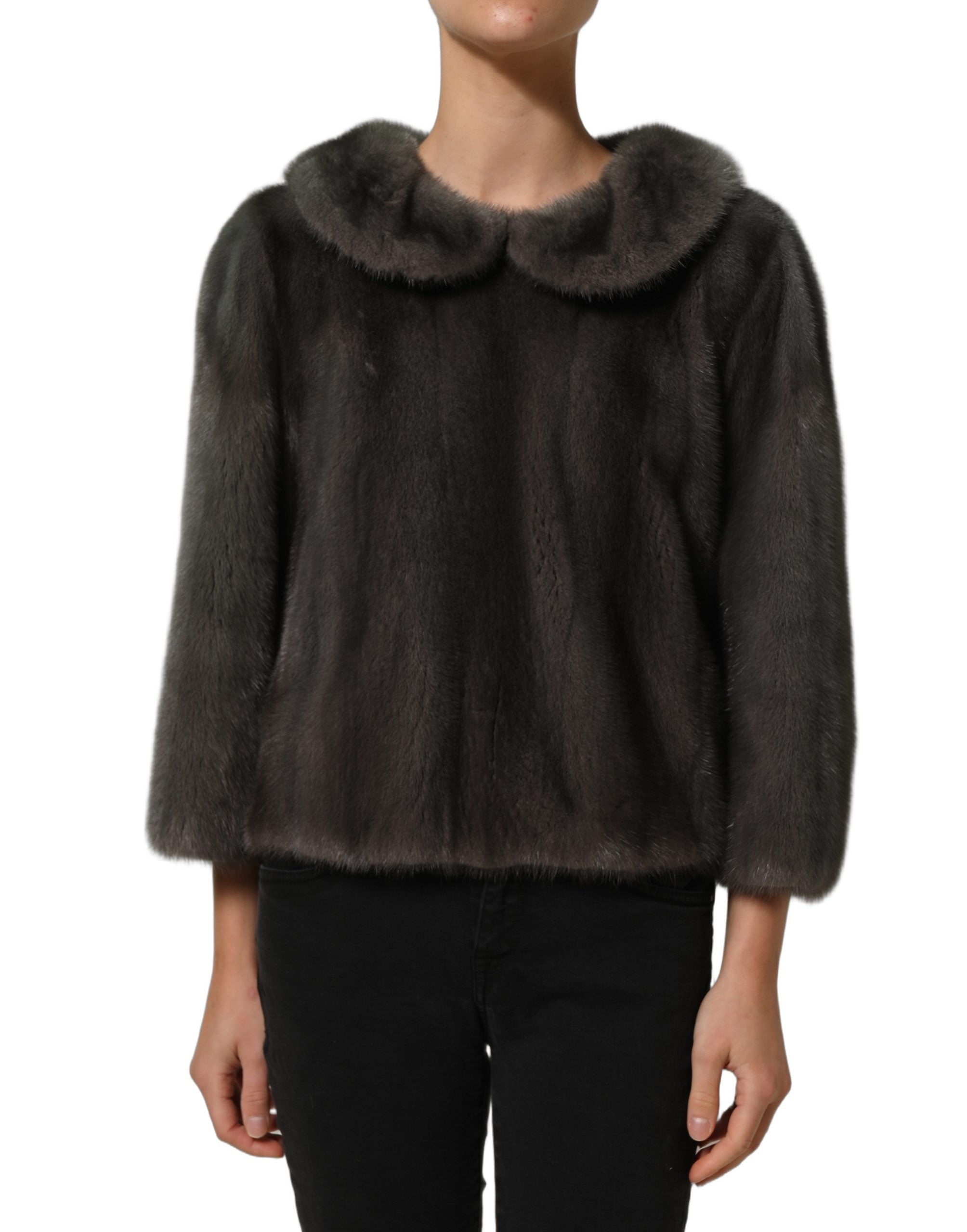 Dark Gray Mink Fur Round Collar Blouse Top