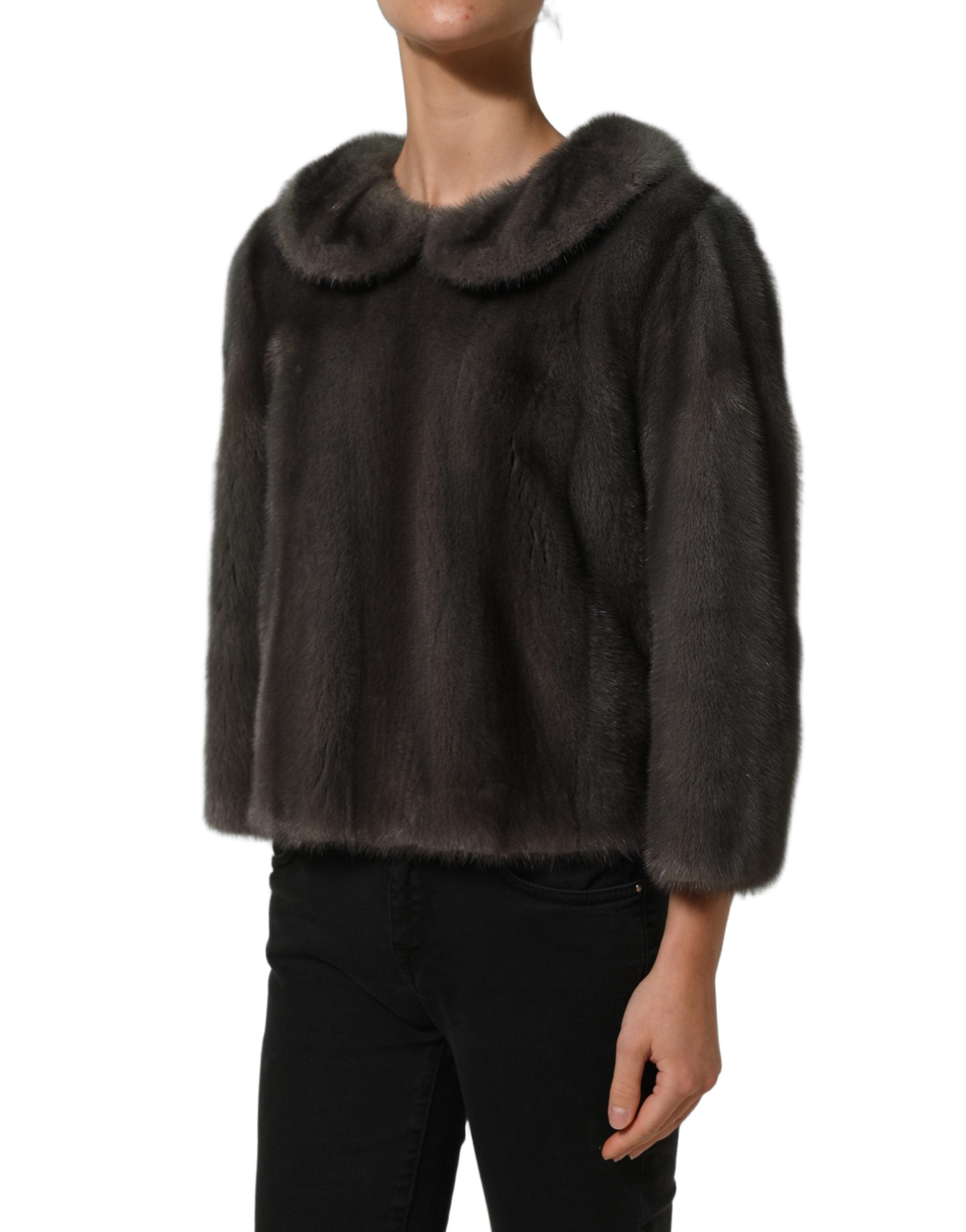 Dark Gray Mink Fur Round Collar Blouse Top