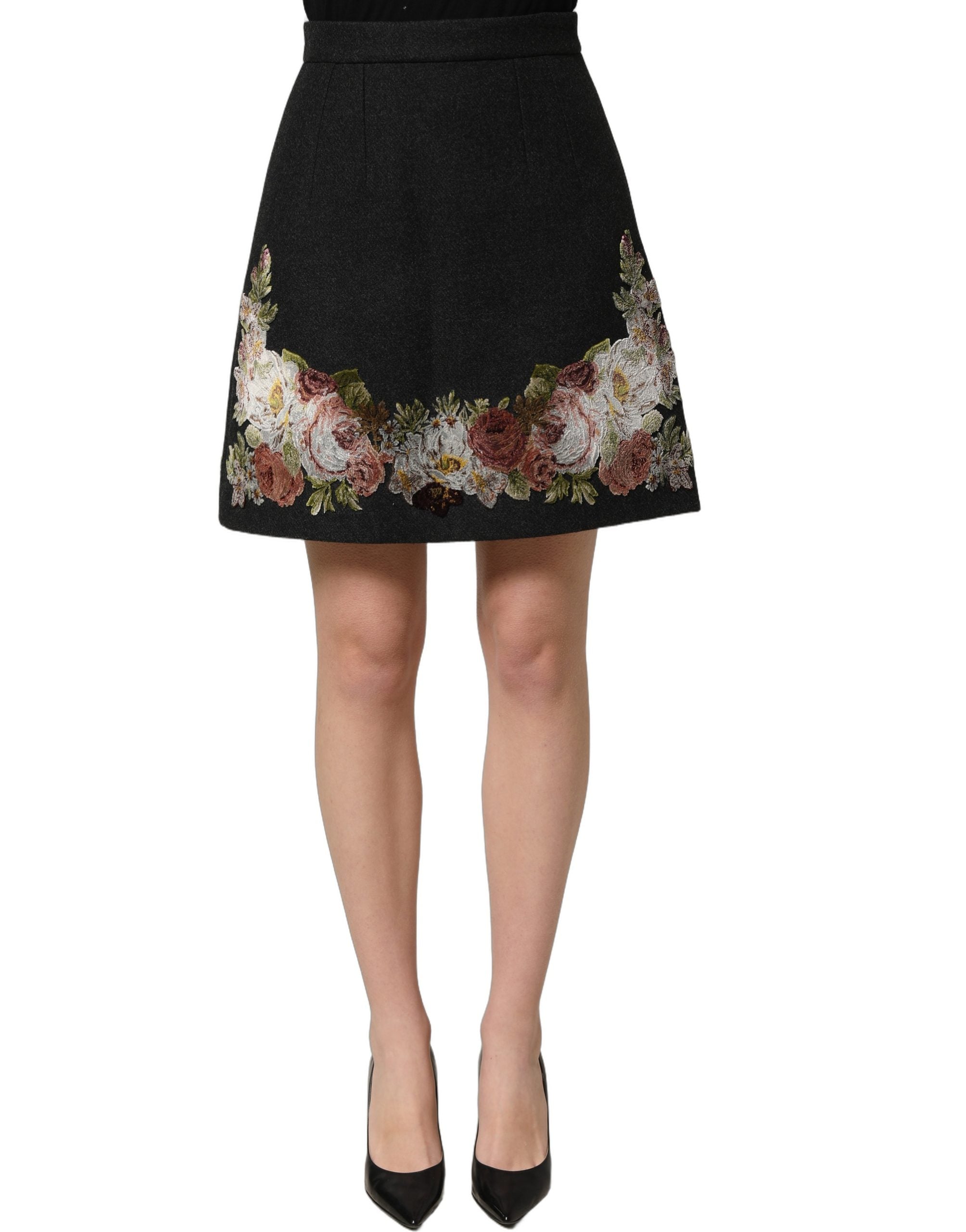 Black Floral MacramΓ© High Waist A-line Skirt