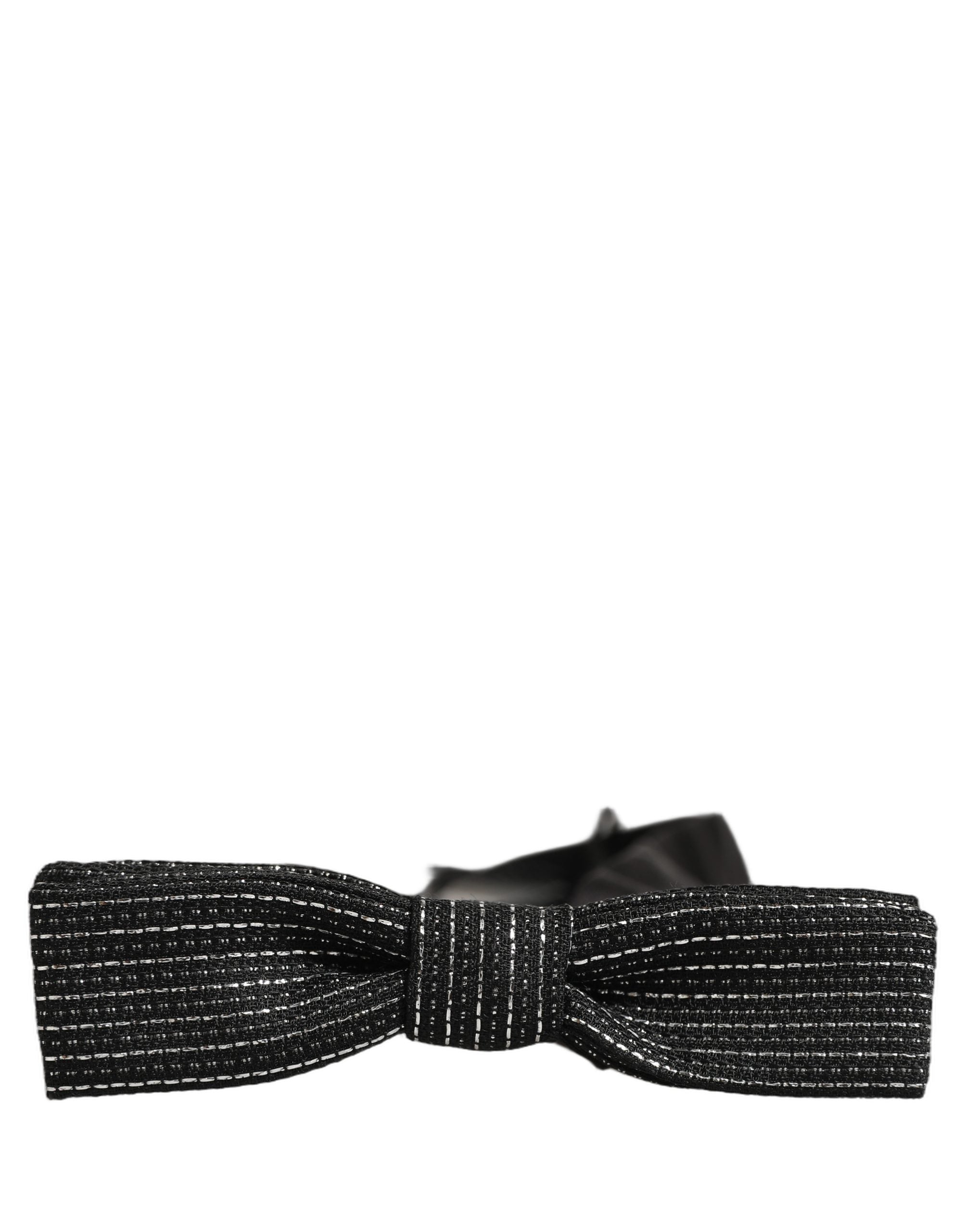 Men Black Silver Ribbed Adjustable Neck Papillon Bow Tie